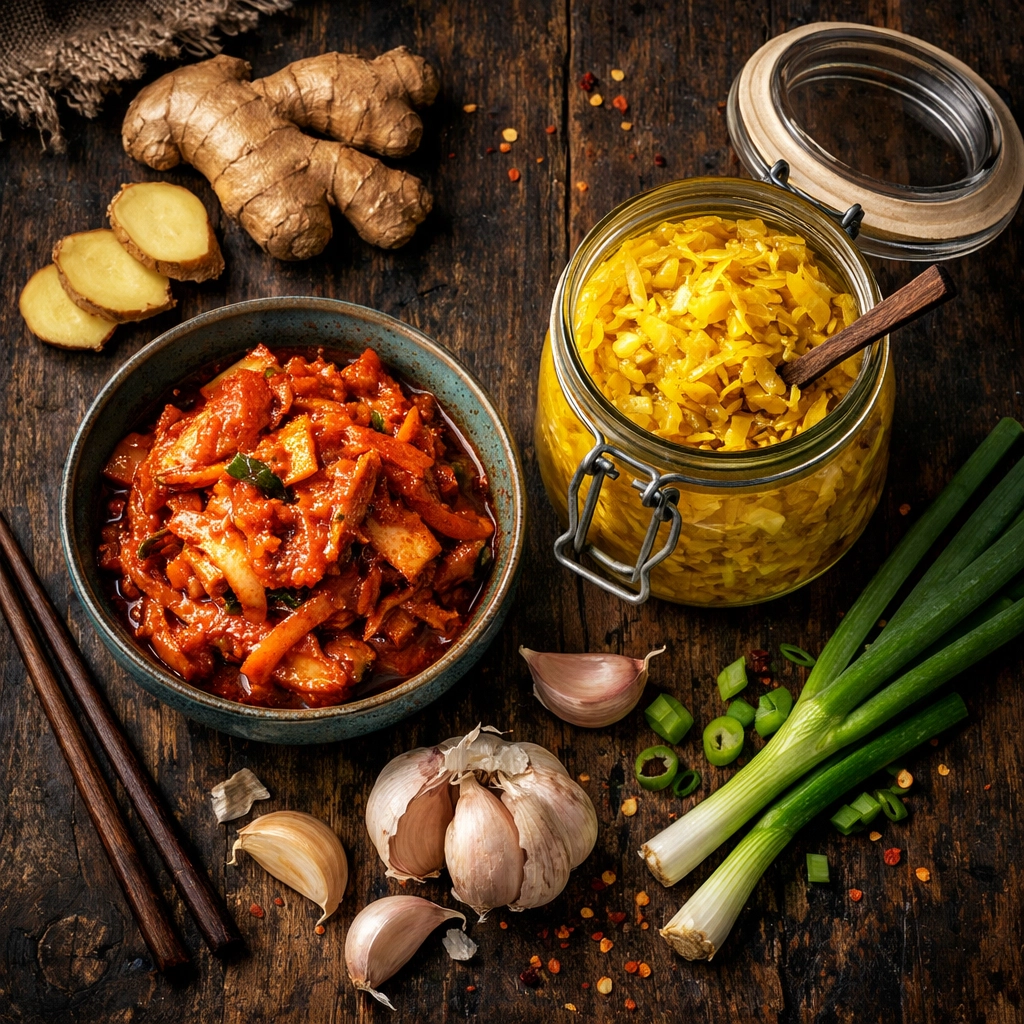 Probiotic-rich fermented kimchi and sauerkraut to support gut health and lower systemic inflammation.