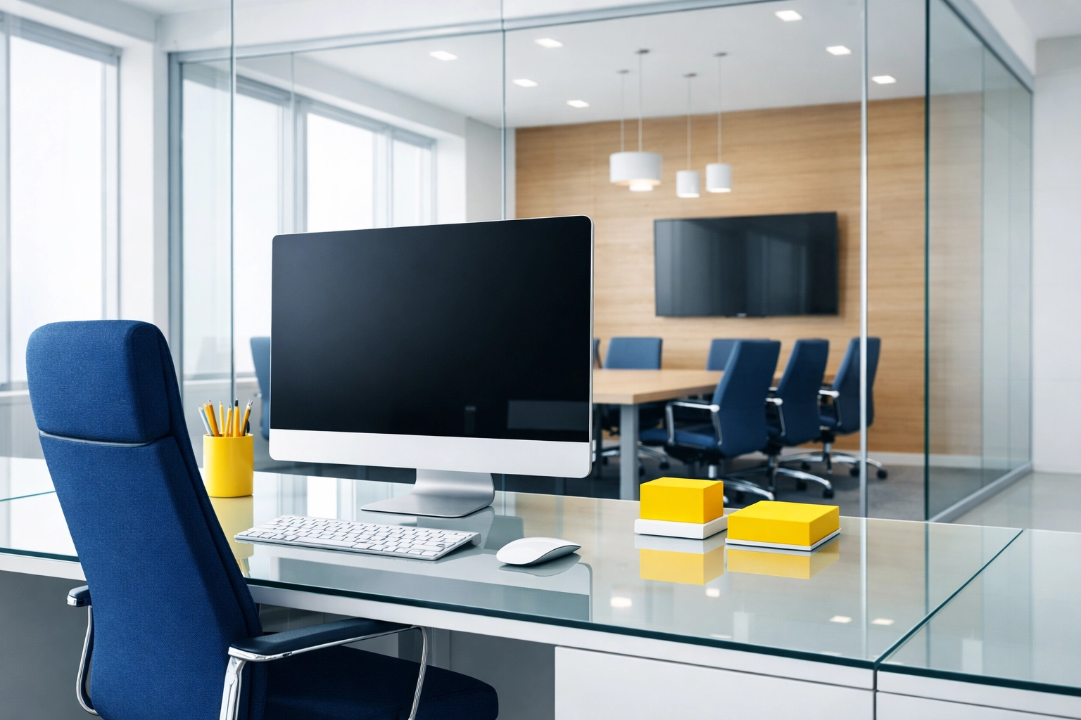 Sterile and organized office workstation in Woburn showing the results of expert cleaning.