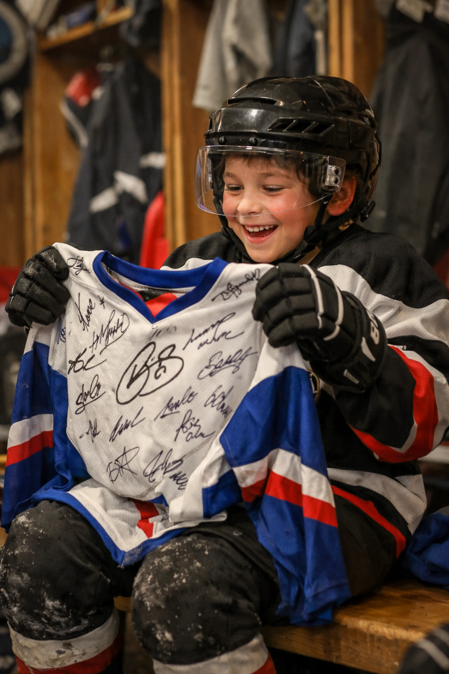 Young fan in hockey gear holding a signed NHL jersey, showcasing the passion for sports collectibles.