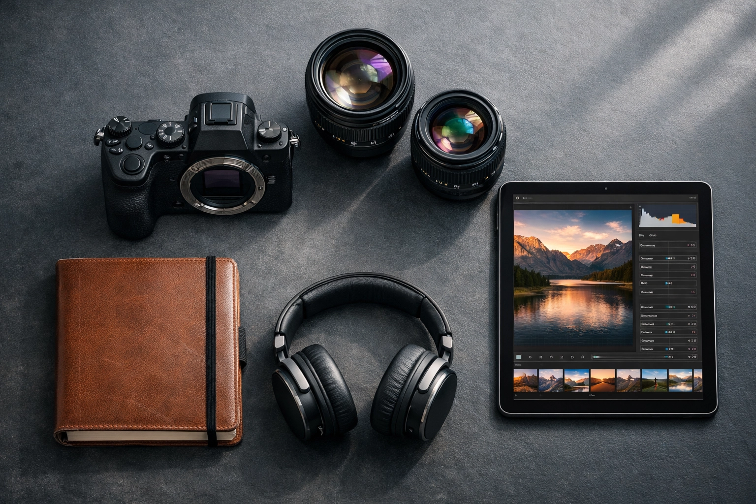 A flat lay of professional mirrorless camera gear and lenses used for expert photography tutorials.