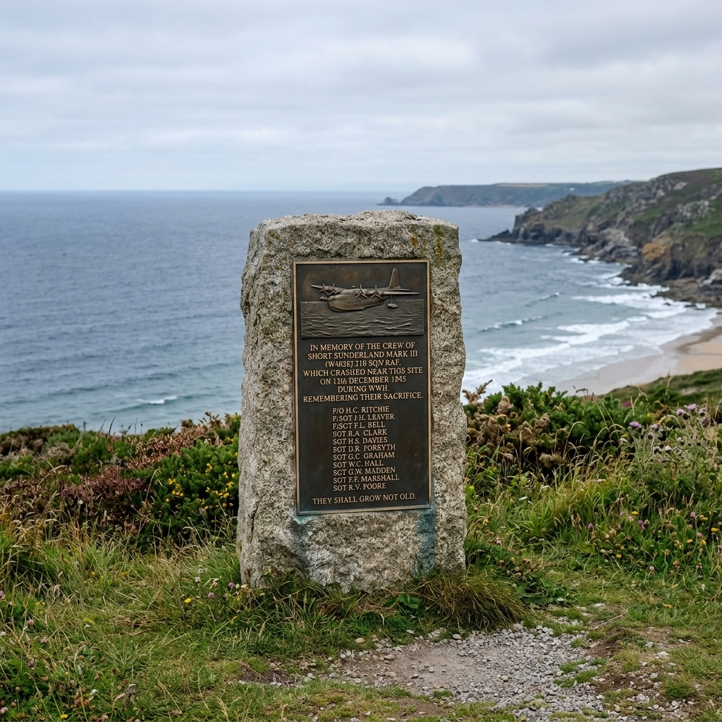 A close-up, respectful photo of the Short Sunderland memorial at Praa Sands, Cornwall. A stone monument with a plaque, situated near the coastline.