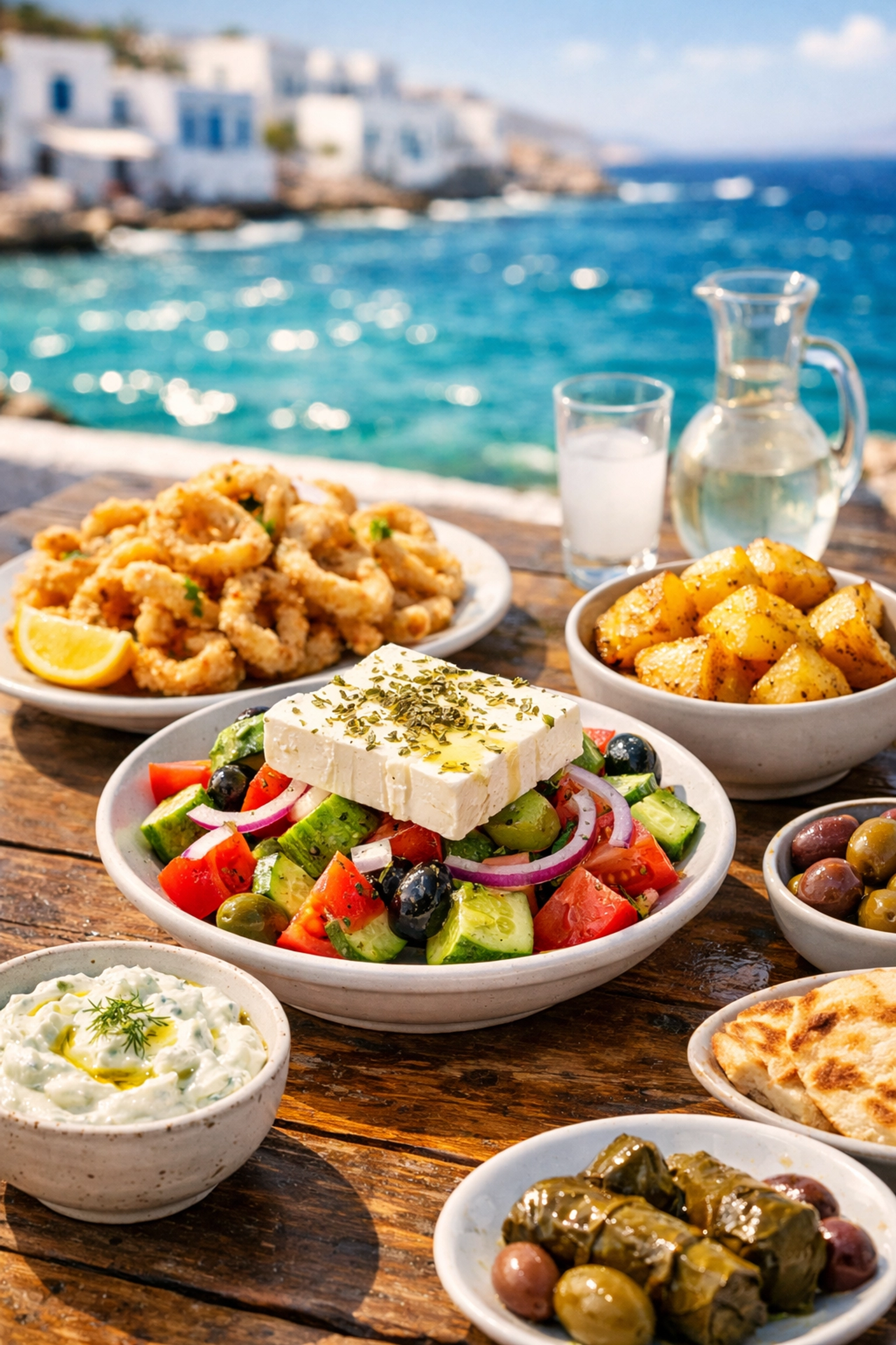 A traditional Greek food spread at a seaside taverna, featuring fresh salad and local dishes in a sunny setting.