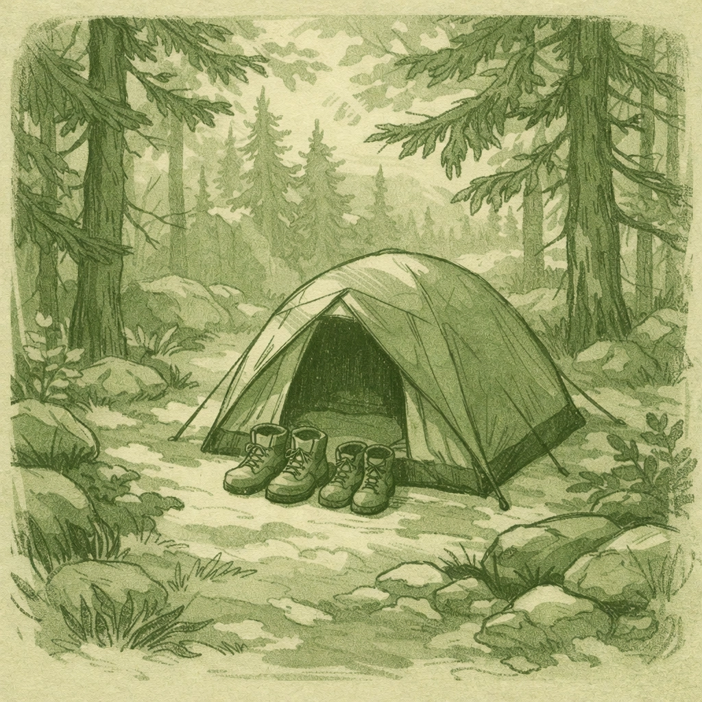 Secluded camping tent with hiking boots outside - trail romance setting