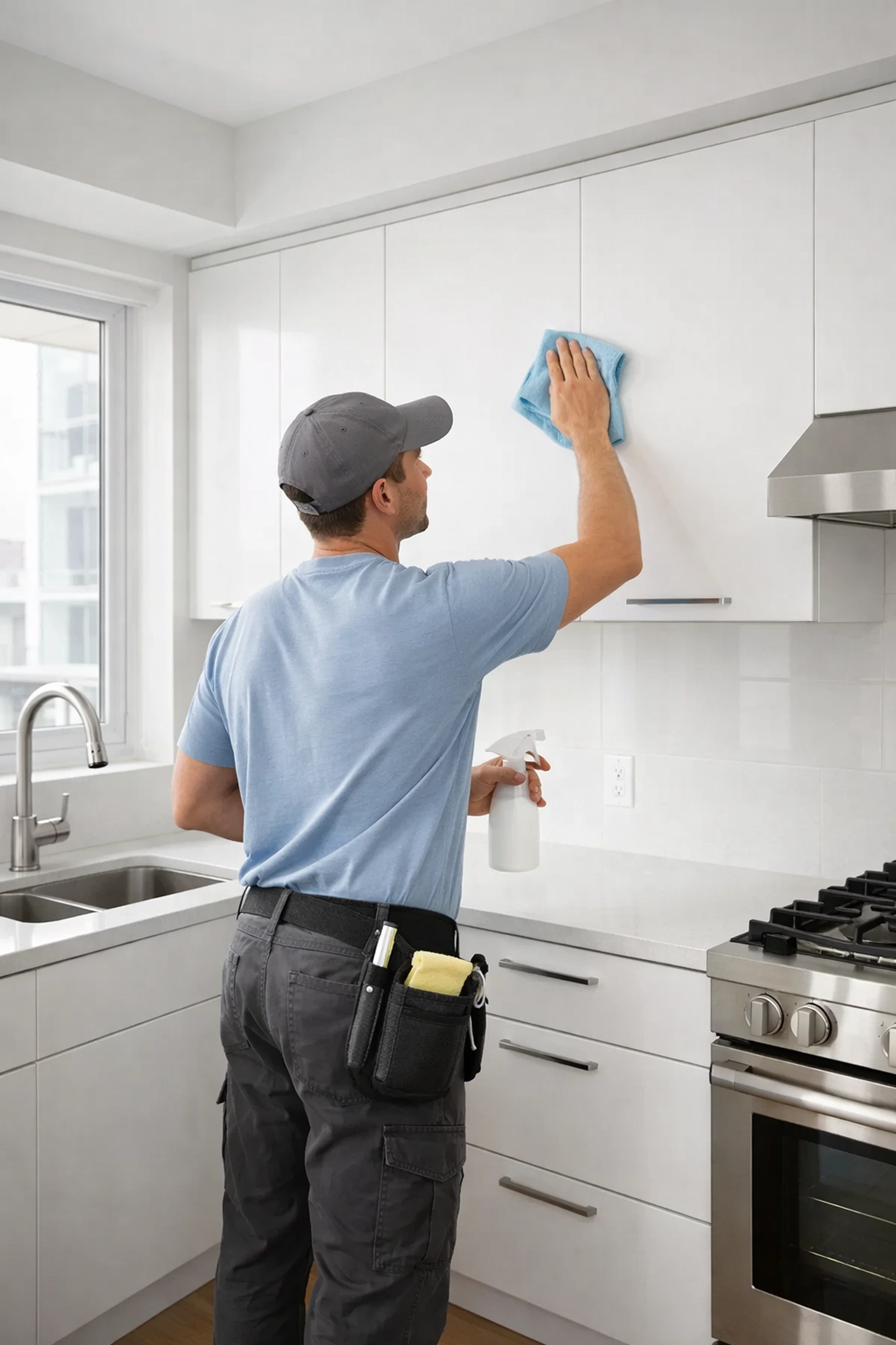 Professional cleaner wiping kitchen cabinets during apartment make-ready turnover cleaning