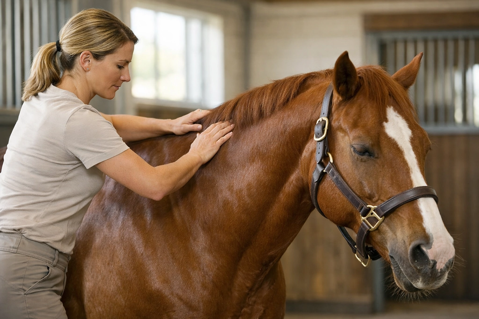 Equine chiropractor performing spinal adjustment on horse to restore nervous system function