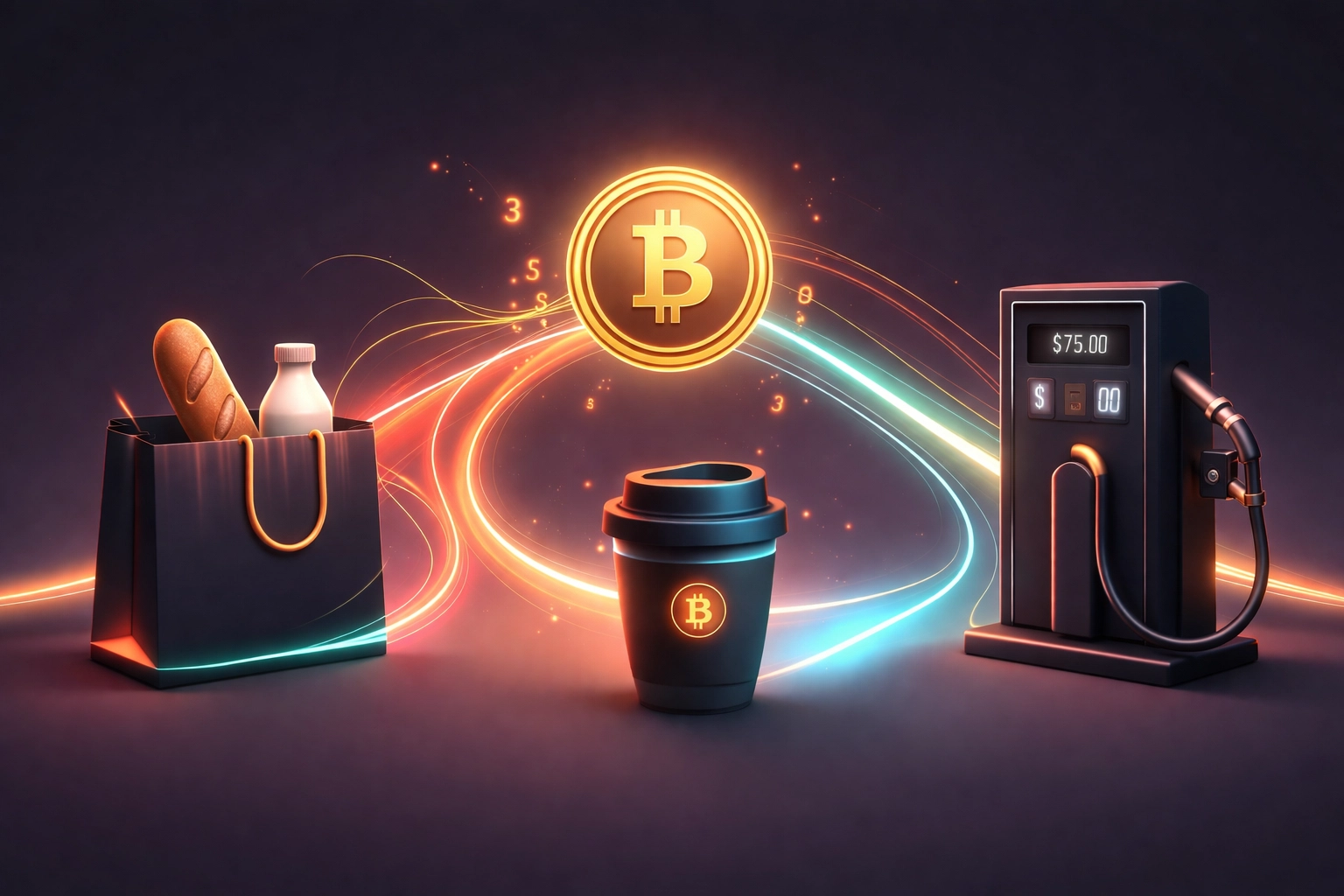 Australian shopping icons linking to a central crypto coin, showing daily purchases turning into cryptocurrency rewards.