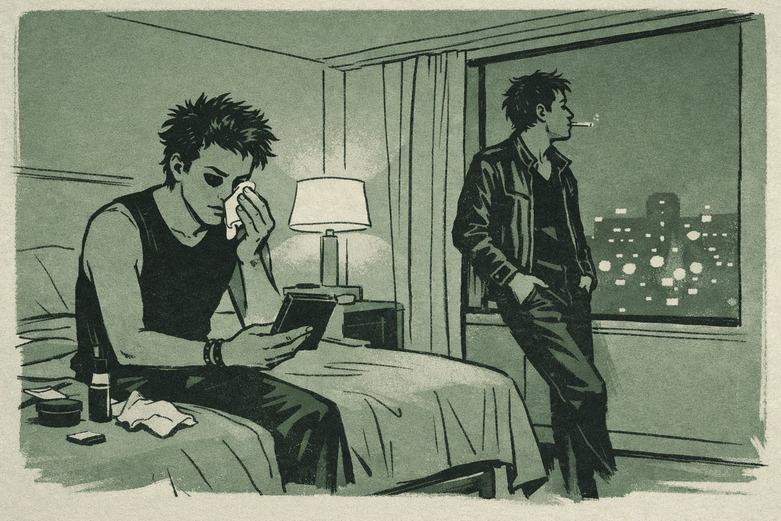 Male musicians in quiet hotel room moment after concert in MM romance story