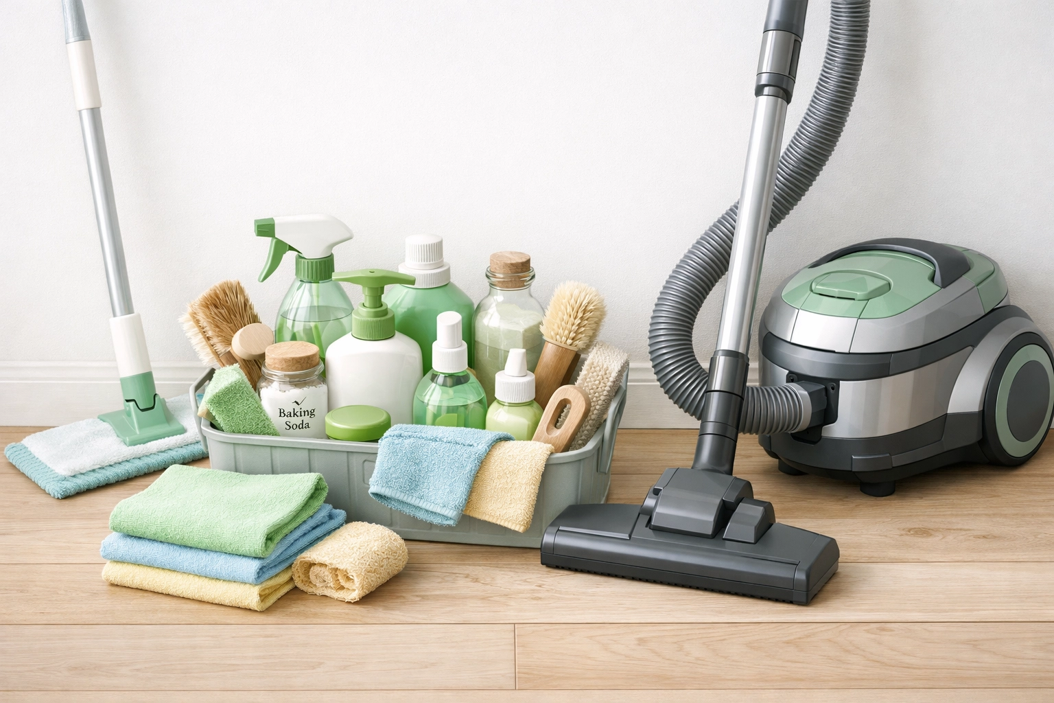 Eco-friendly cleaning supplies and equipment showing the hidden costs of DIY home cleaning