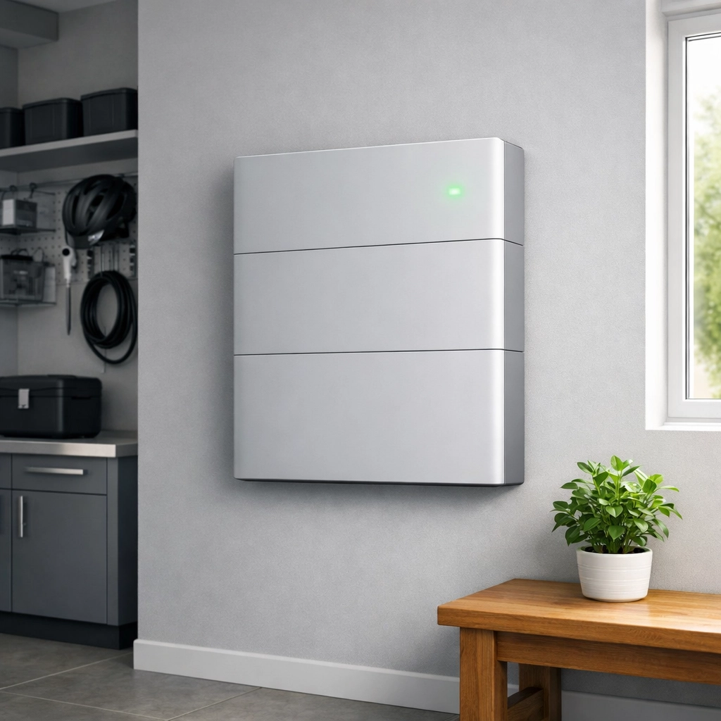 Modern home battery storage system mounted on a utility room wall for smart energy management.