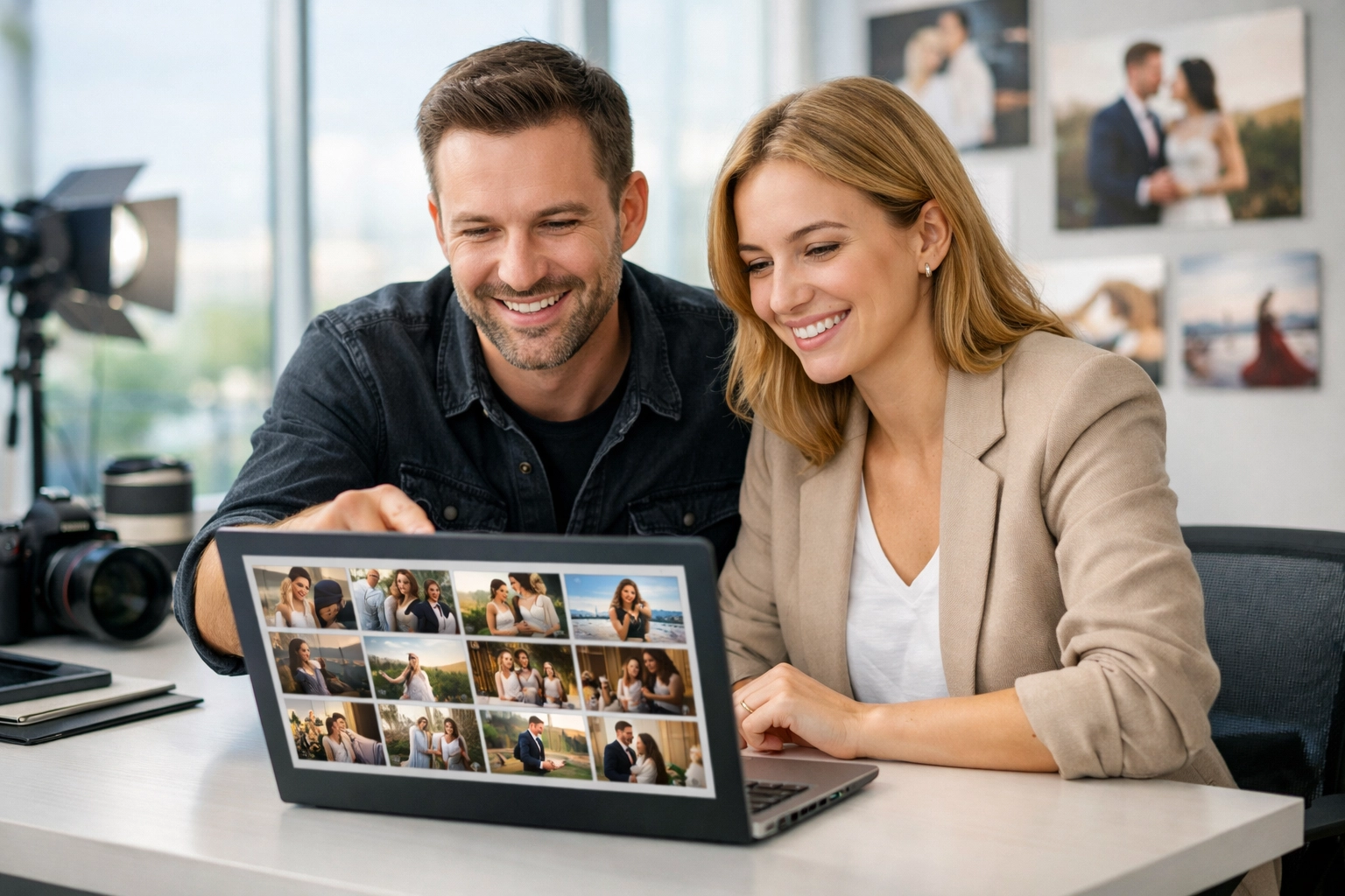 Photographer and client viewing an image gallery, enhancing the professional photography booking experience.
