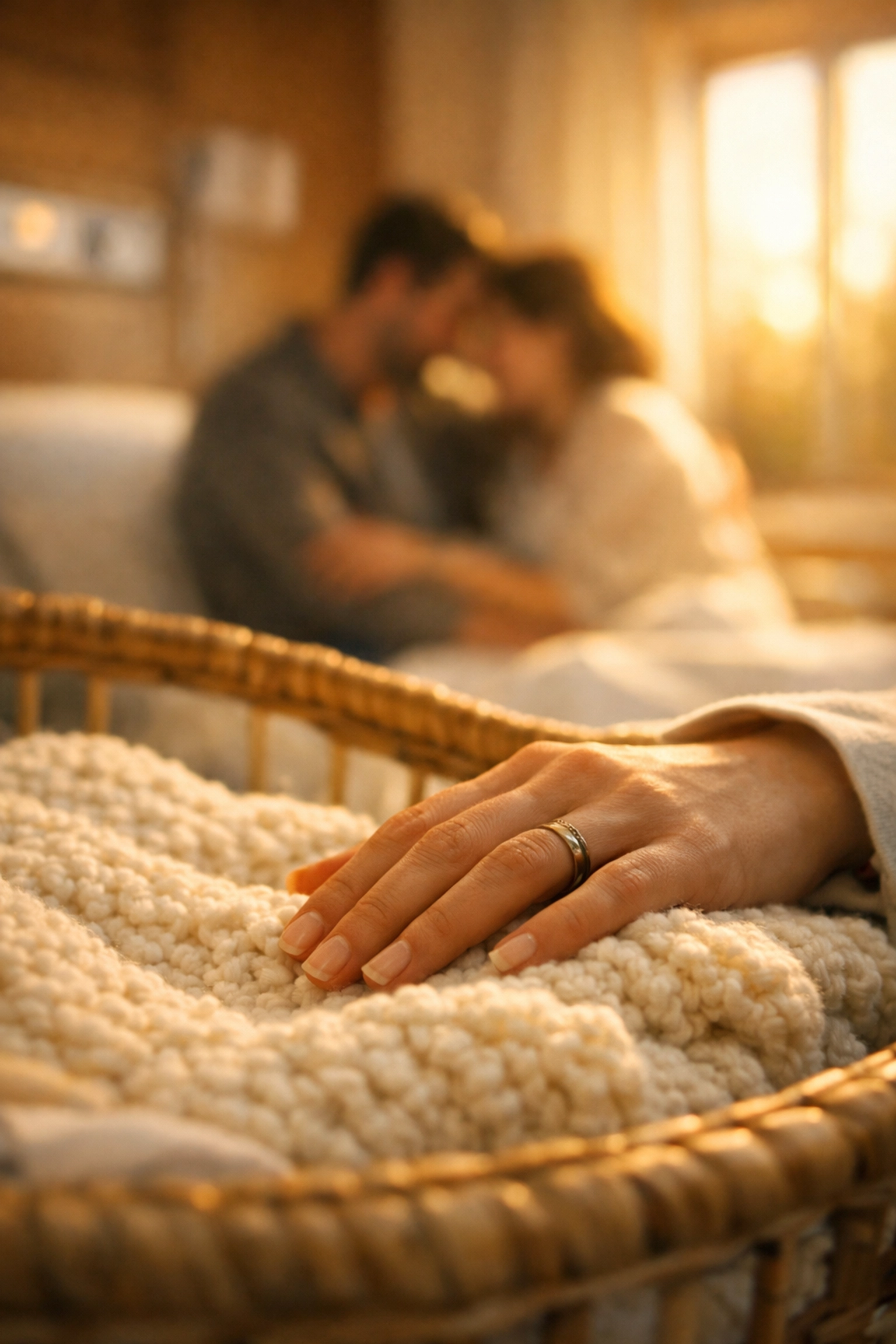 A surrogate’s hand on a baby blanket in a Connecticut hospital at the completion of the surrogacy timeline.