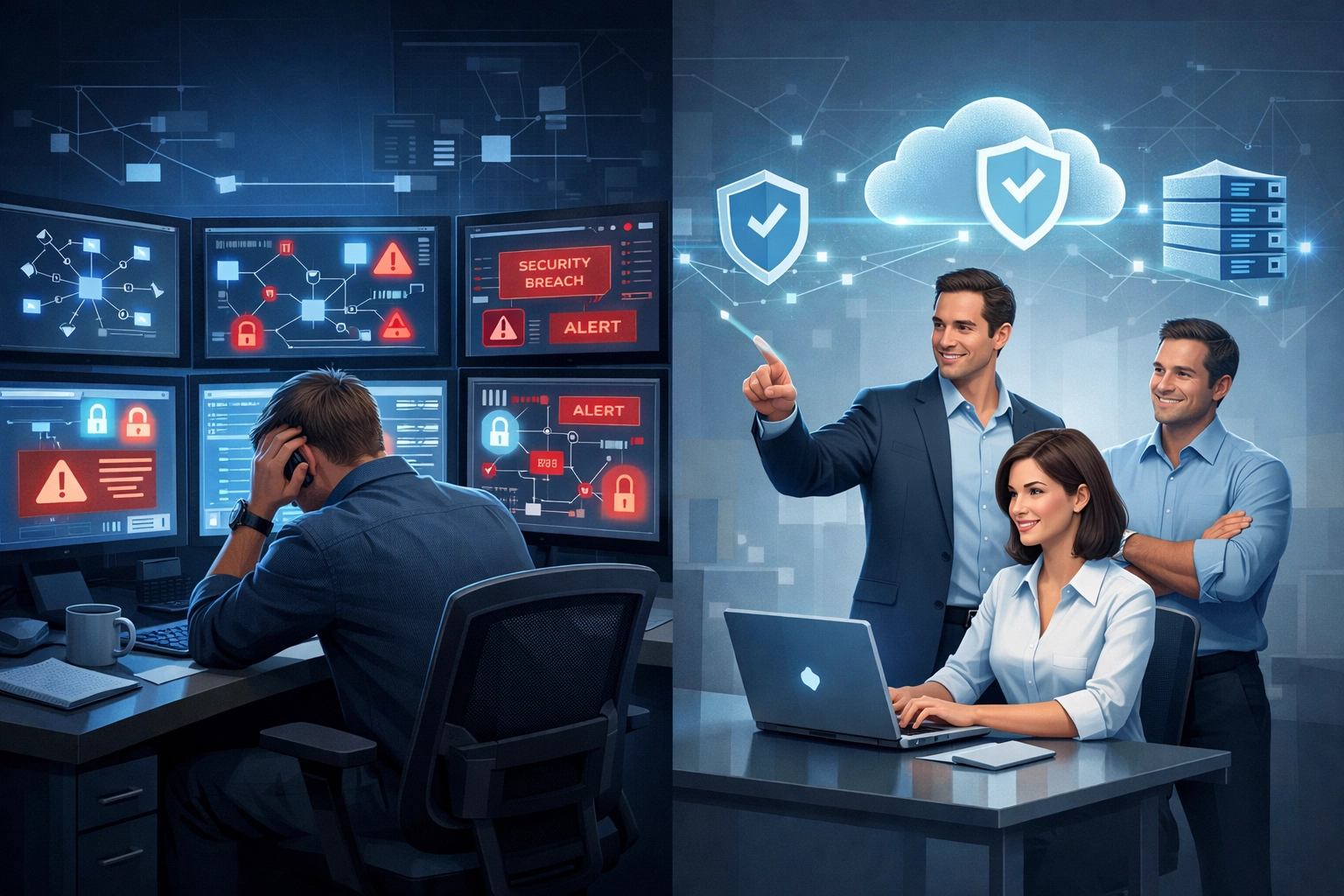 Comparison of overwhelmed in-house IT professional versus managed IT services team support