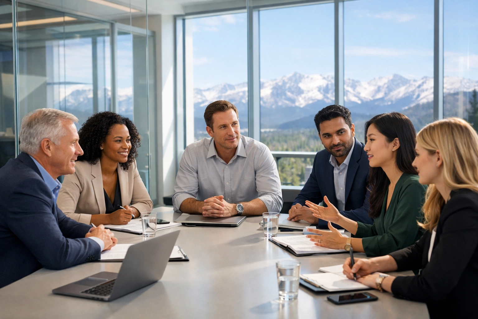 Strategic event production team collaborating on pre-production planning in a modern conference room.