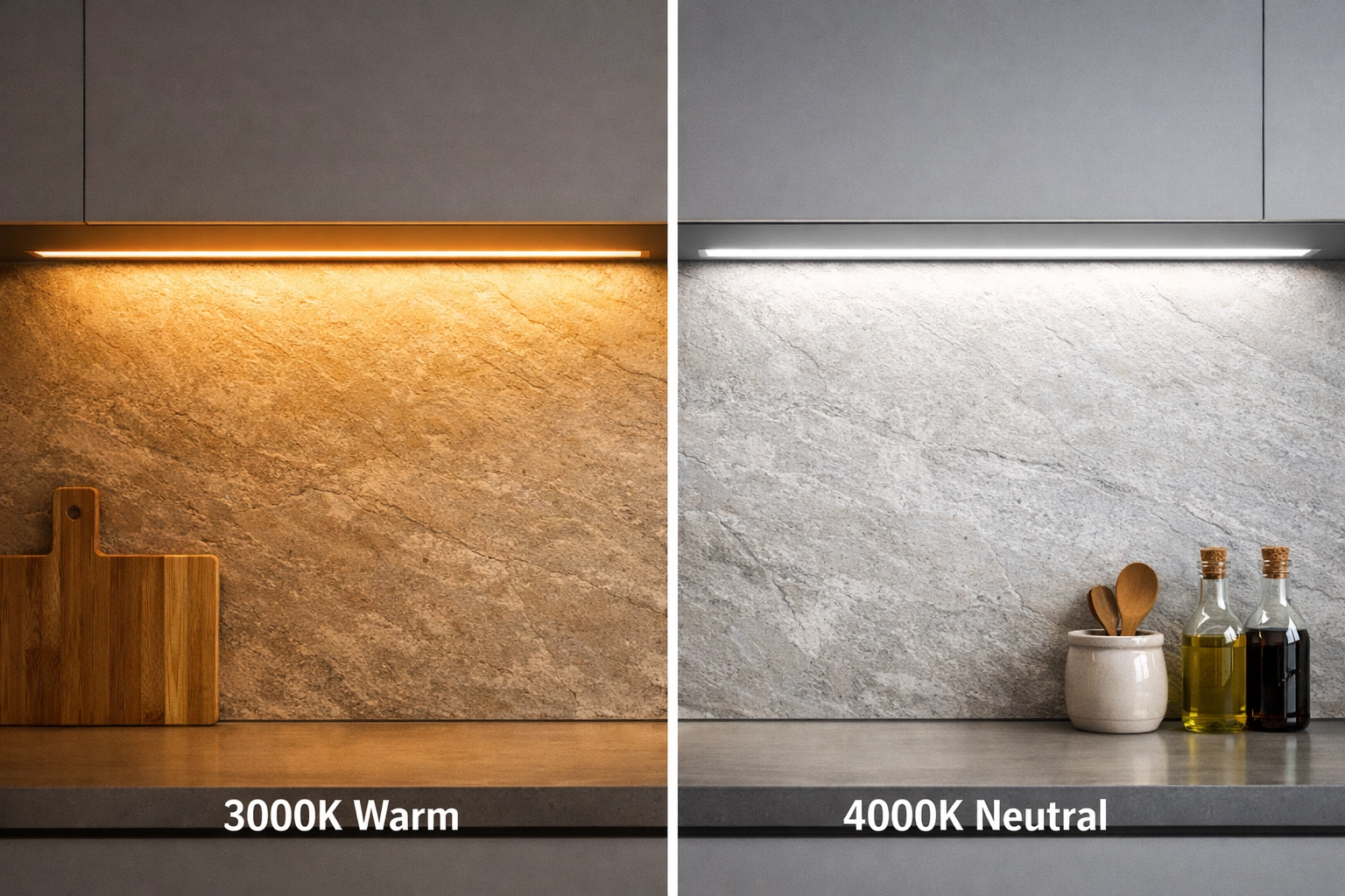 Comparison of warm 3000K and neutral 4000K LED lighting on a kitchen backsplash.