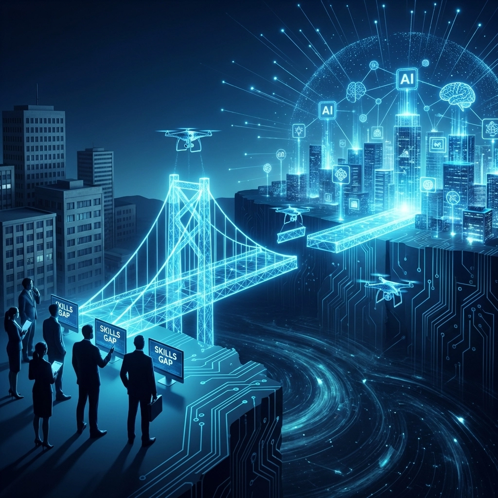 Darstellung der KI-Kompetenzlücke im Mittelstand mit Brücke über technologische Kluft und KI-Symbole