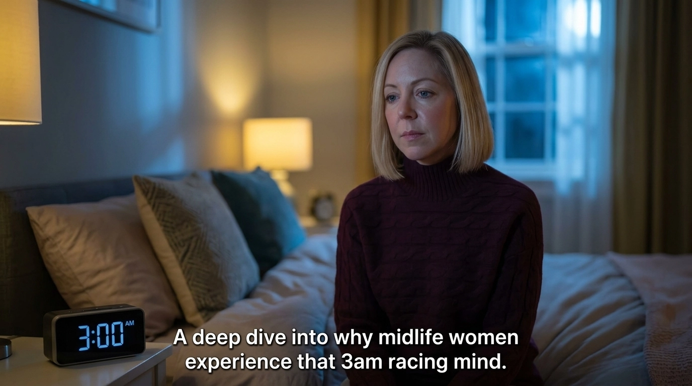A midlife woman sitting up in bed at 3am, looking tired but calm, illustrating the 3am cortisol spike and the need for magnesium.