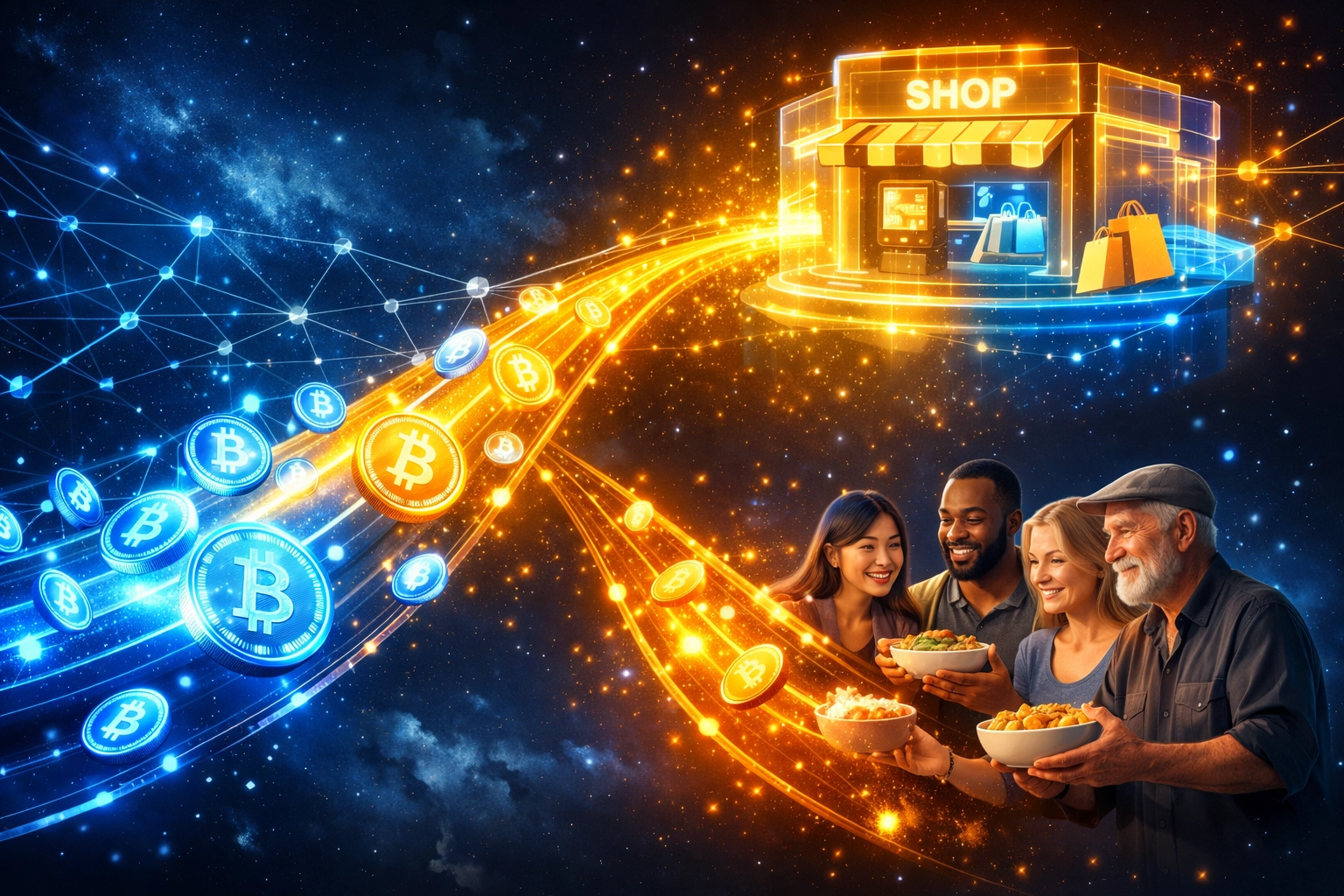 Larecoin crypto payment flow showing transaction split between merchant and global hunger relief fund