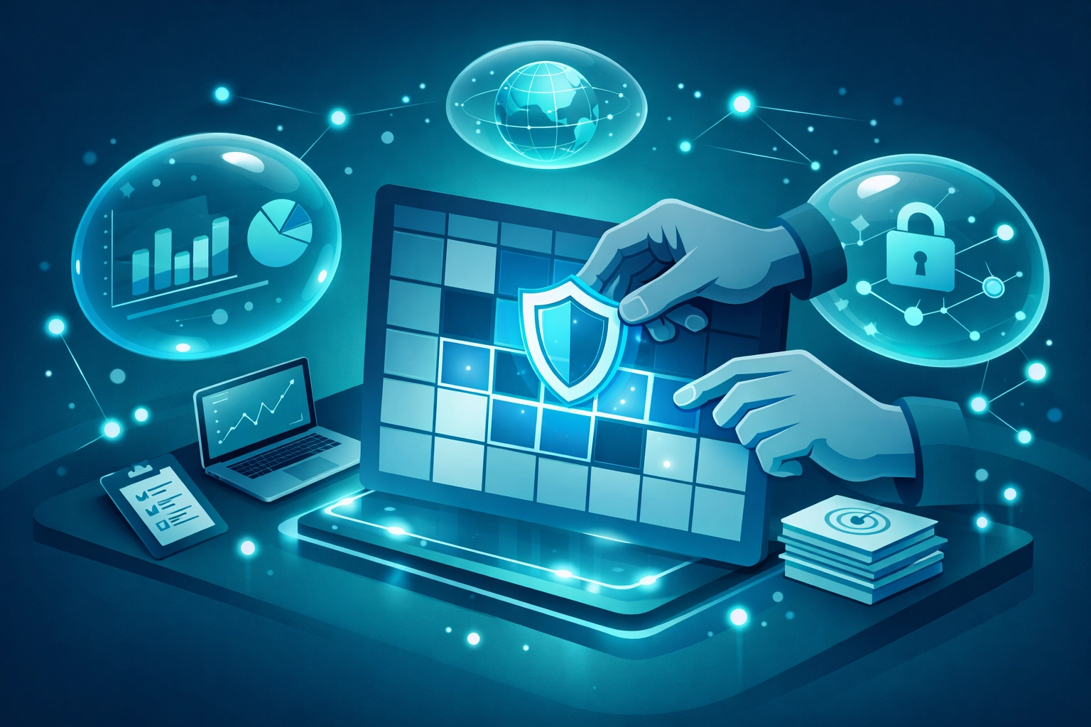 A cybersecurity shield being placed on a calendar to represent a proactive business strategy session.