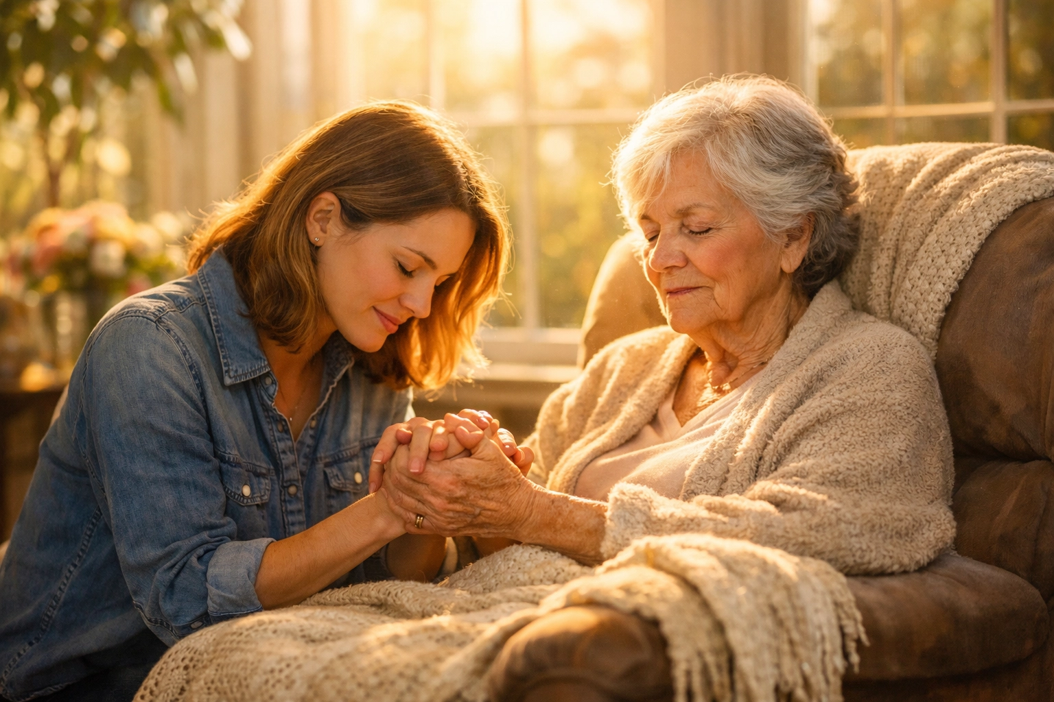 Elderly homebound woman and daughter praying during a live stream church service.