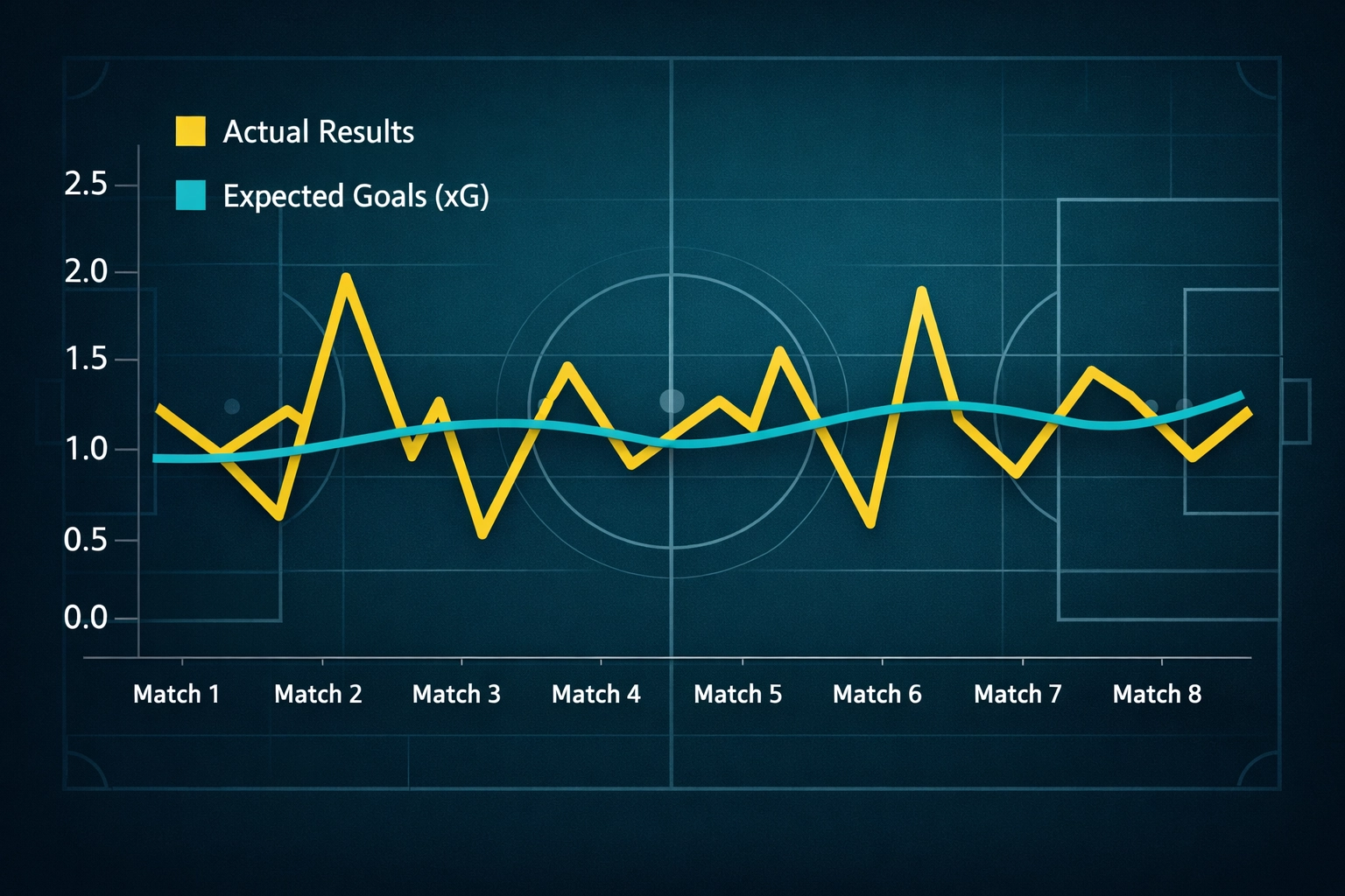 Sports analytics graph comparing football team actual results against expected goals xG trends.