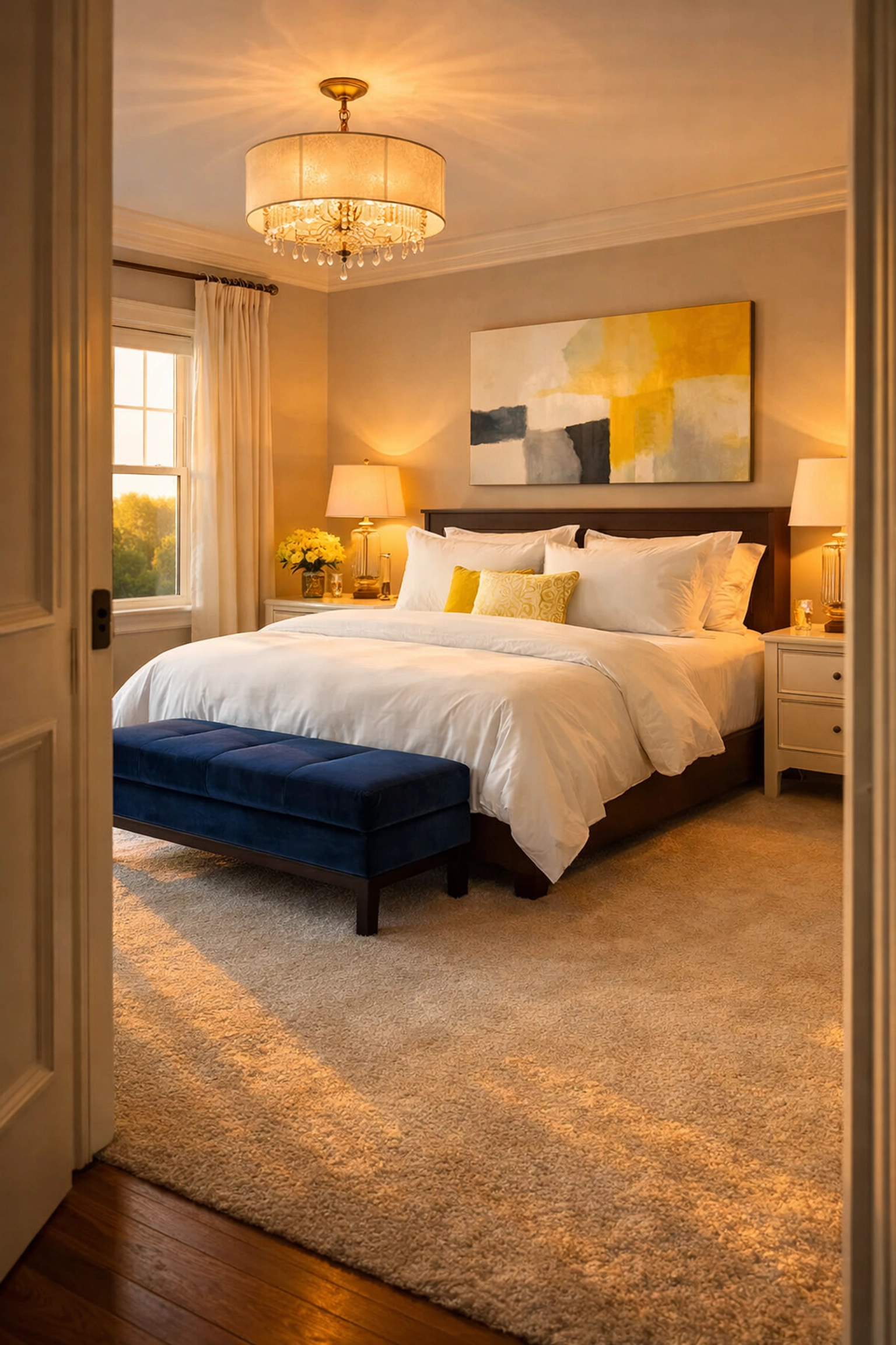 A clean, dust-free luxury master suite highlighting the results of professional residential cleaning Massachusetts.