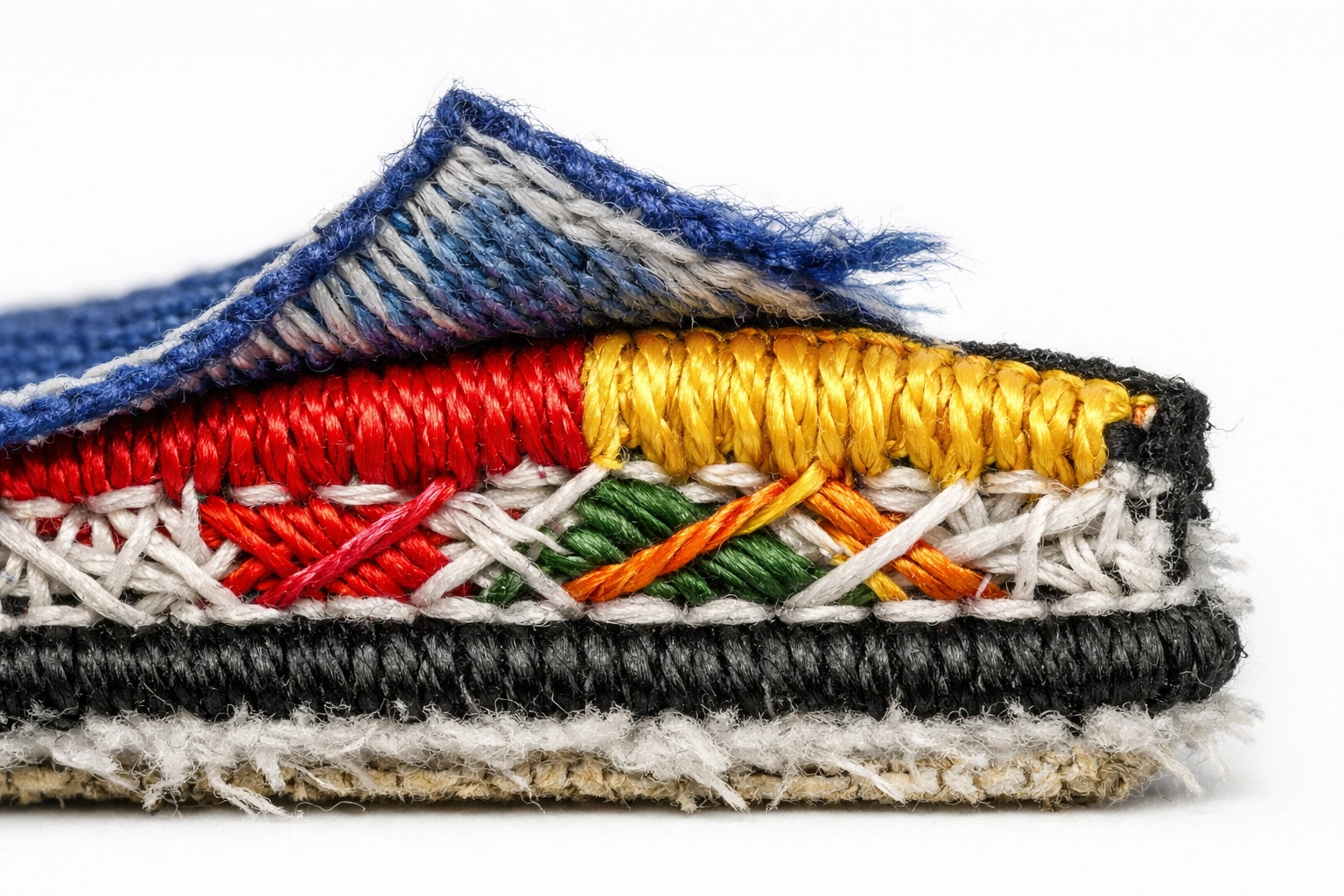 Cross-section of embroidered patch showing underlay stitches beneath decorative threads