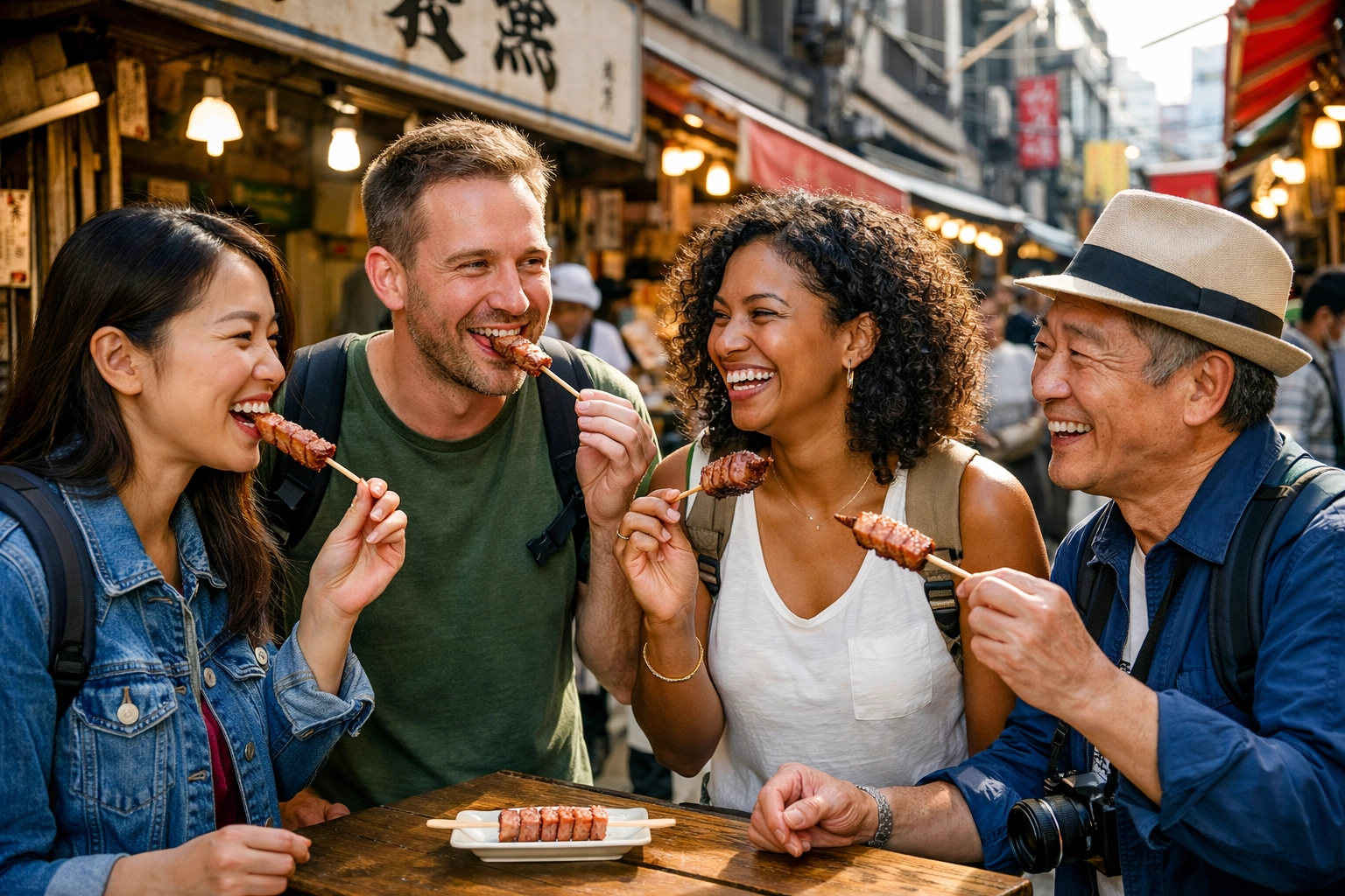 Travelers enjoying fresh grilled tuna skewers while standing at a Tsukiji Outer Market food stall.