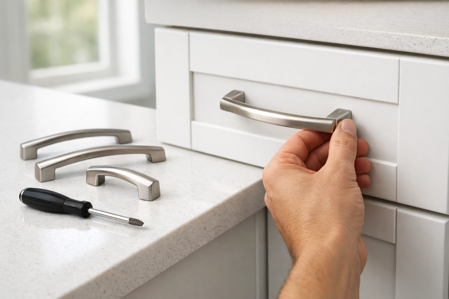 Installing modern cabinet hardware during apartment make-ready upgrade