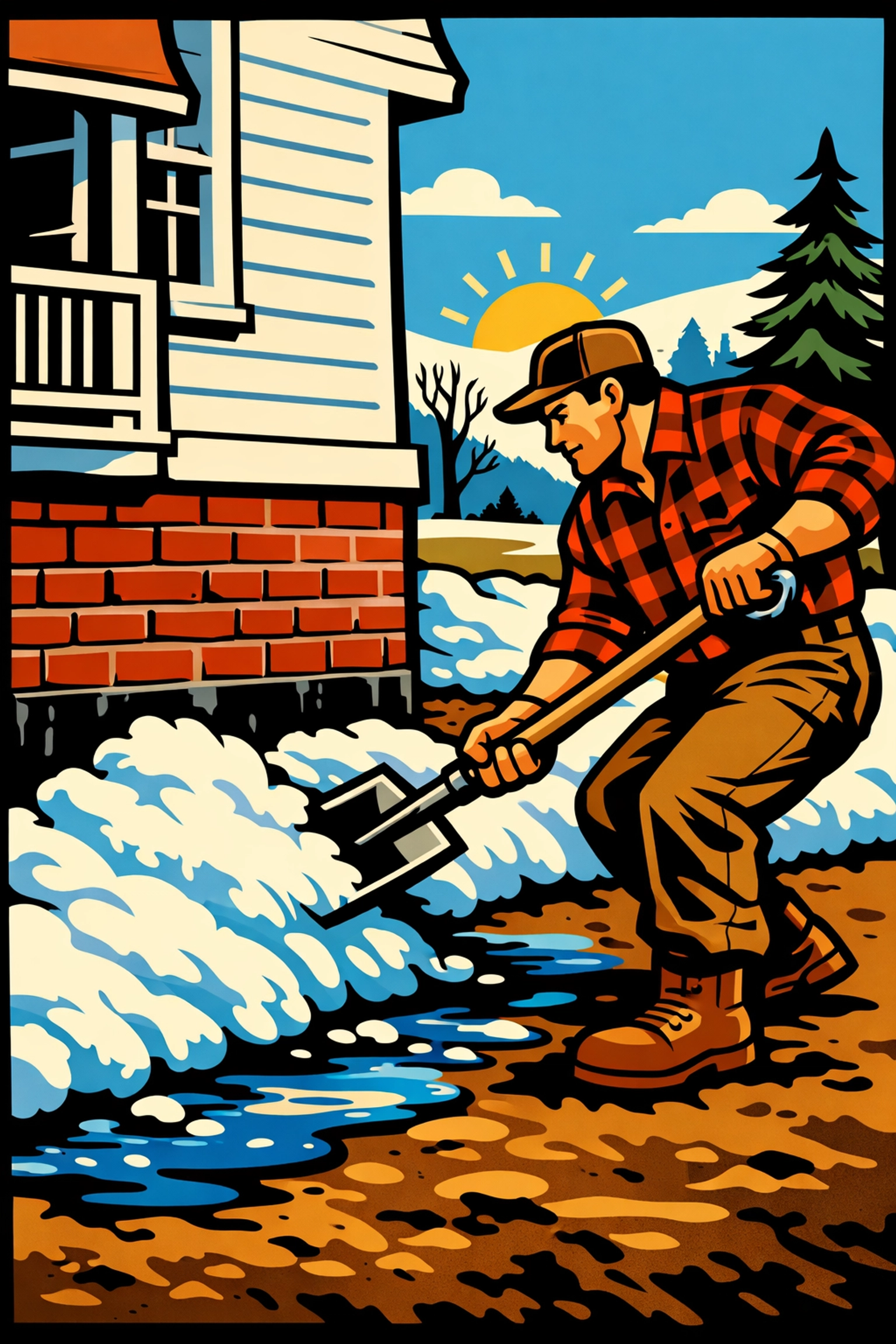 Handyman in Northwood NH shoveling snow away from a home foundation to prevent spring flooding.