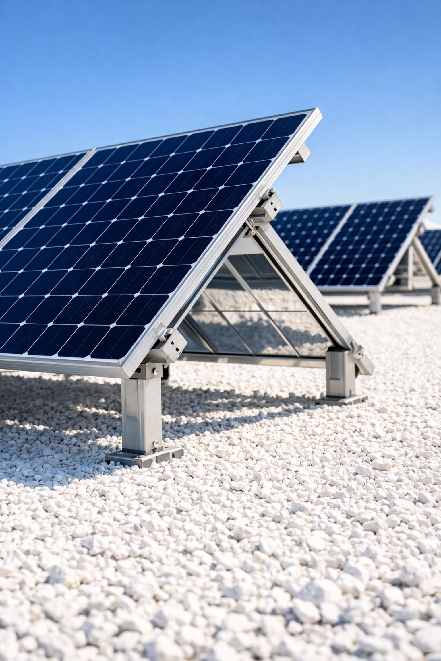 Panneaux solaires bifaciaux installés sur gravier blanc pour maximiser l'albédo et la réflexion