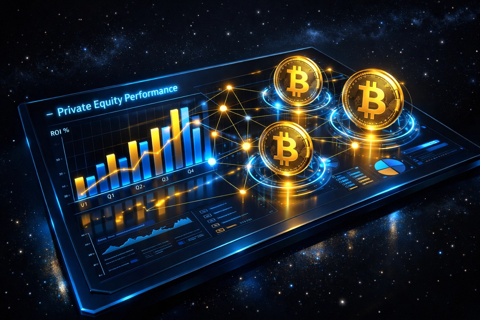 Digital dashboard showing hybrid wealth management with traditional private equity and Bitcoin data