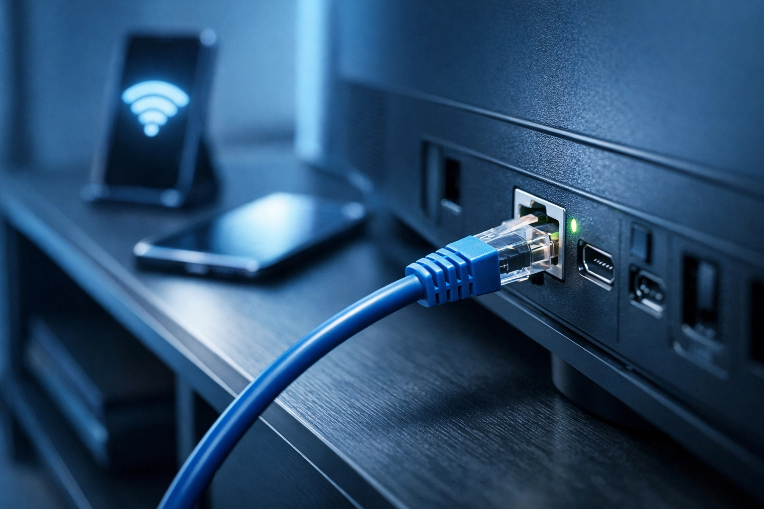 Ethernet cable connected to smart TV for reliable wired home network connection