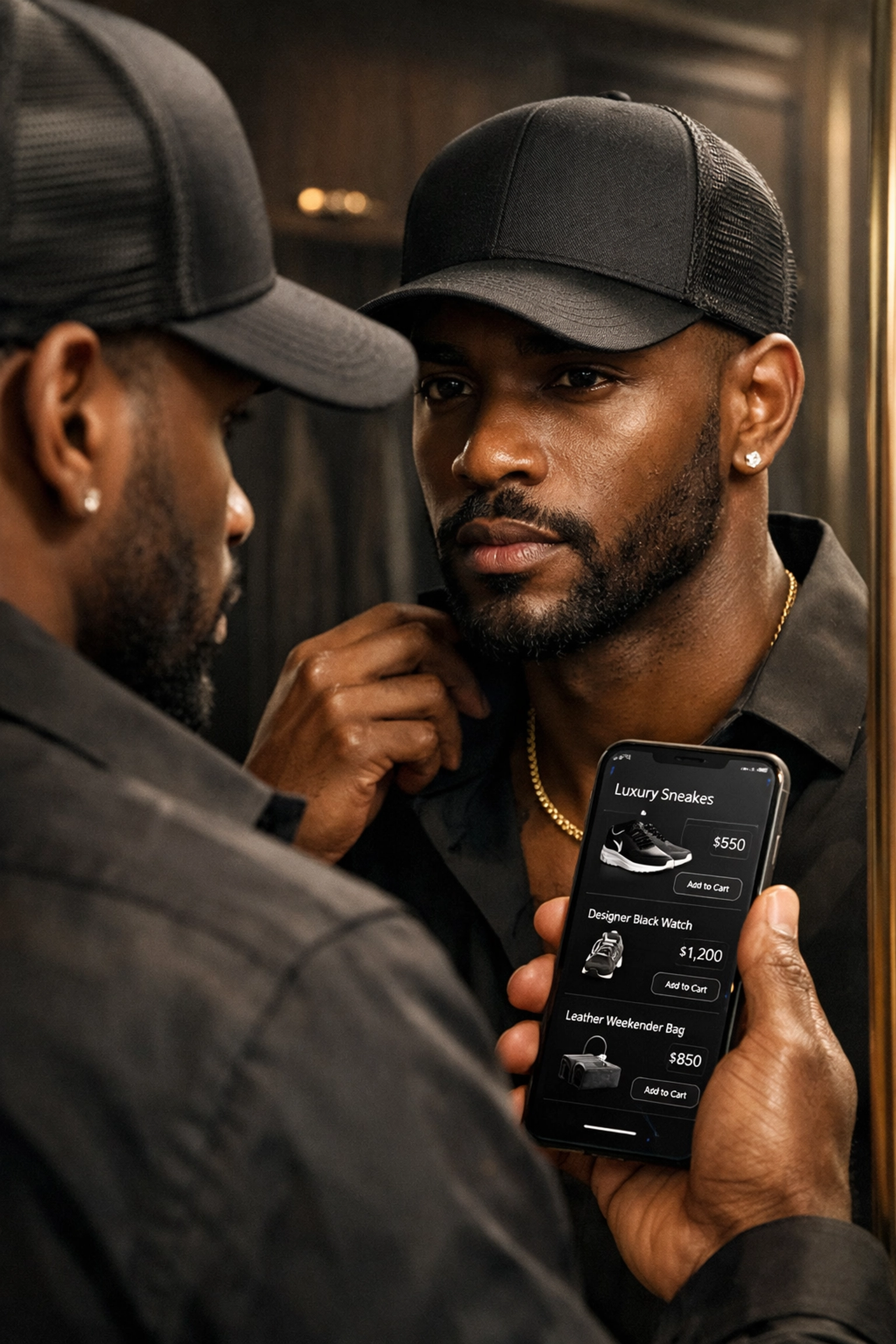 A stylish man wearing a premium black trucker hat while shopping for Black-owned accessories on his phone.