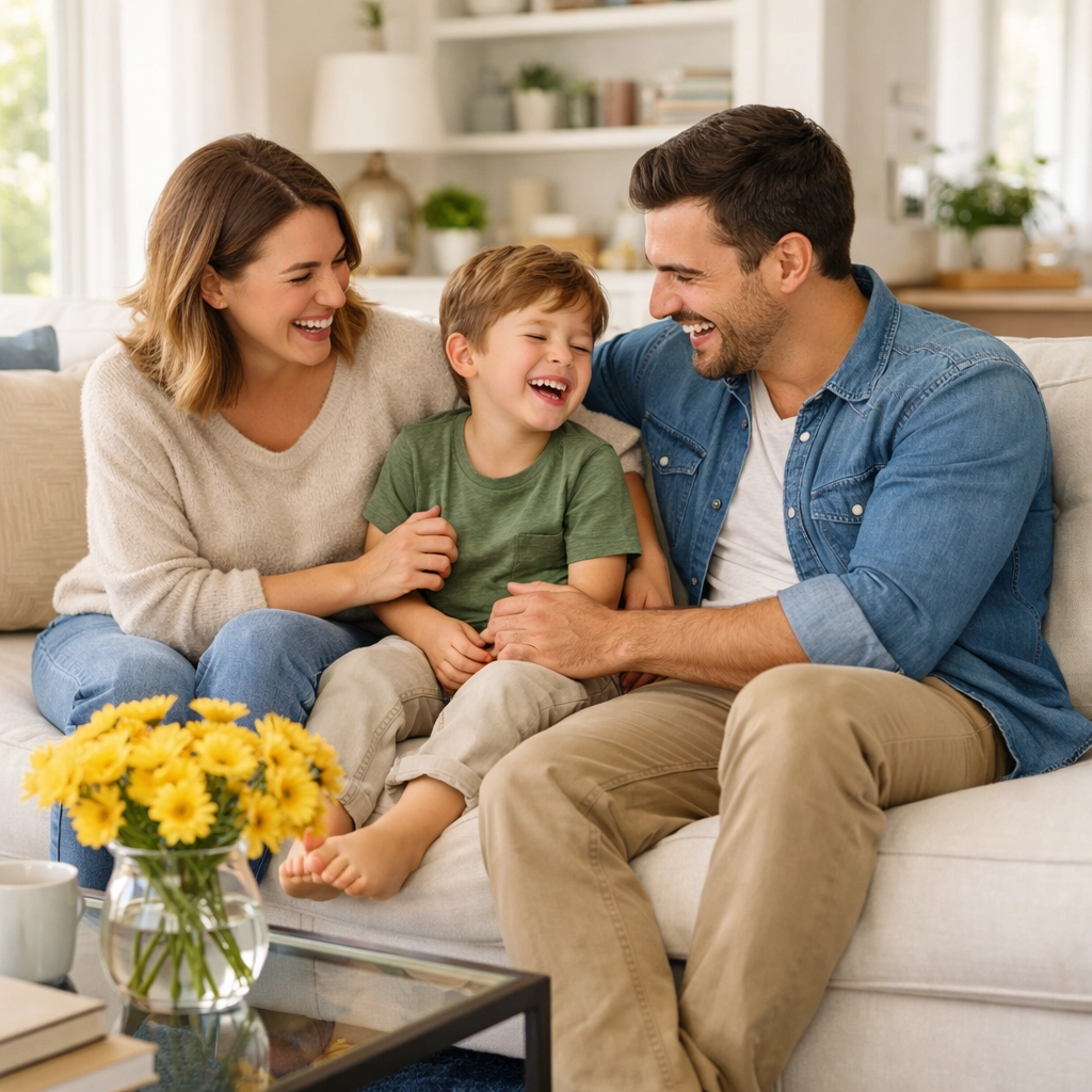 Happy family in a spotless living room, highlighting the stress-free benefits of house cleaning Ayer MA.