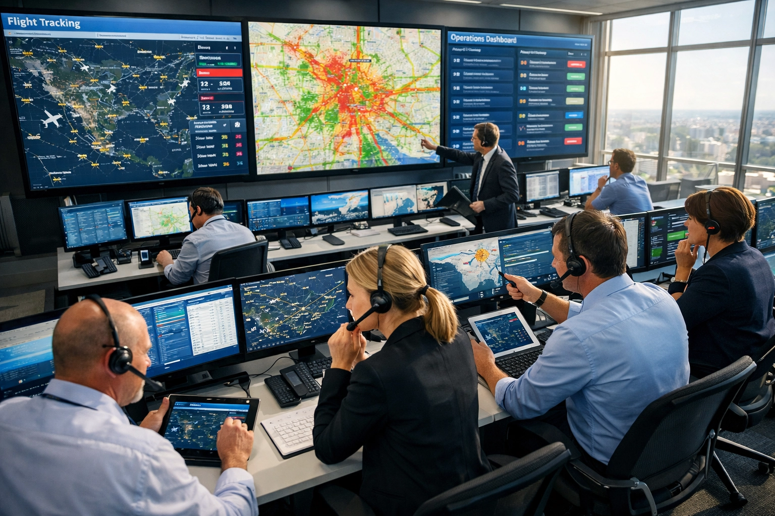 Corporate travel operations center monitoring Super Bowl logistics with real-time tracking systems