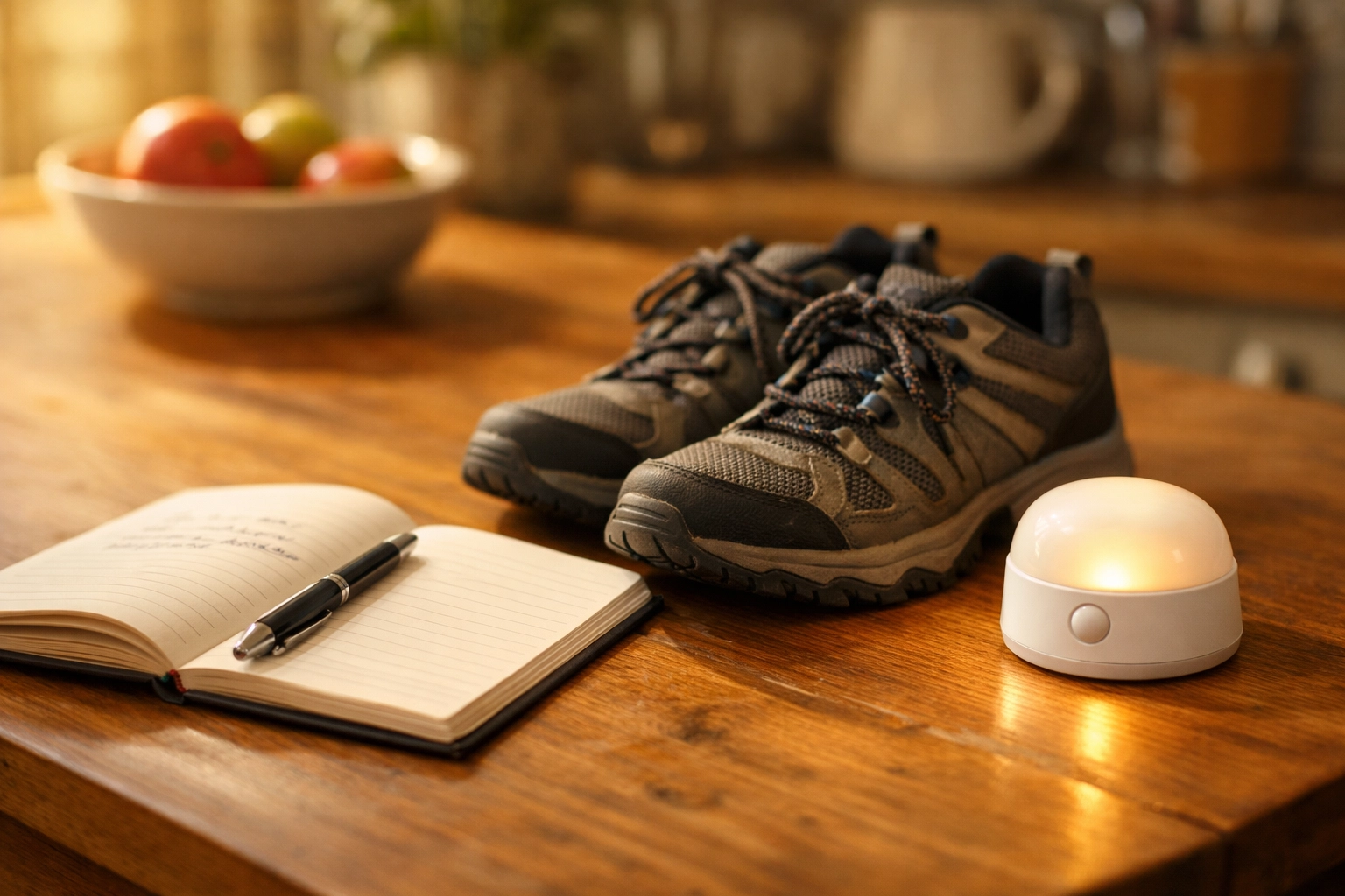 A home safety plan checklist next to supportive non-slip shoes and a motion-activated night light.