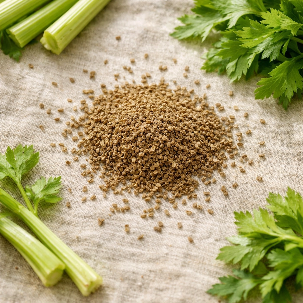 Dried celery seeds and fresh celery stalks used for natural gout relief