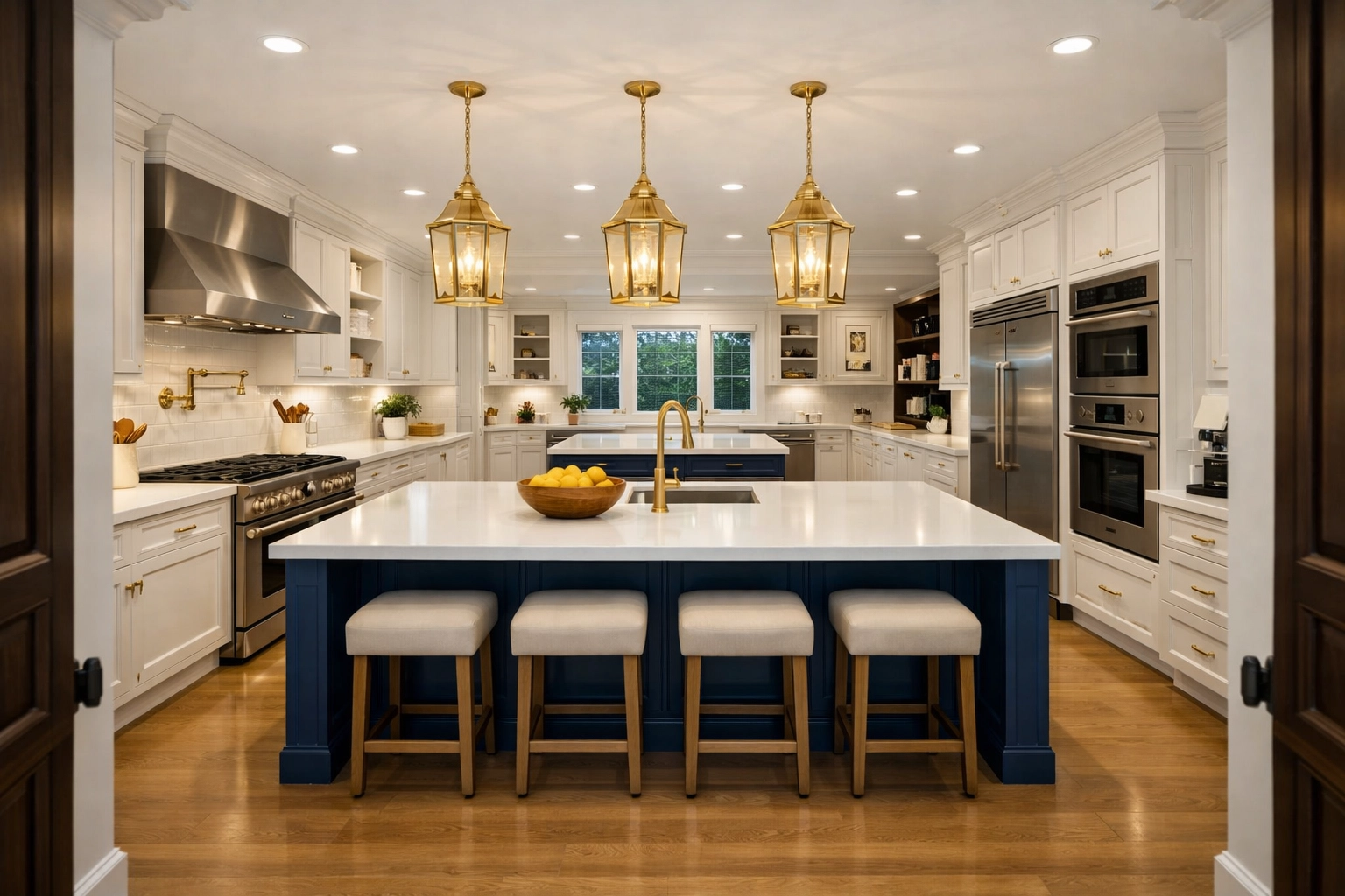 Gourmet kitchen with sanitized quartz countertops cleaned by a residential cleaning Massachusetts service.
