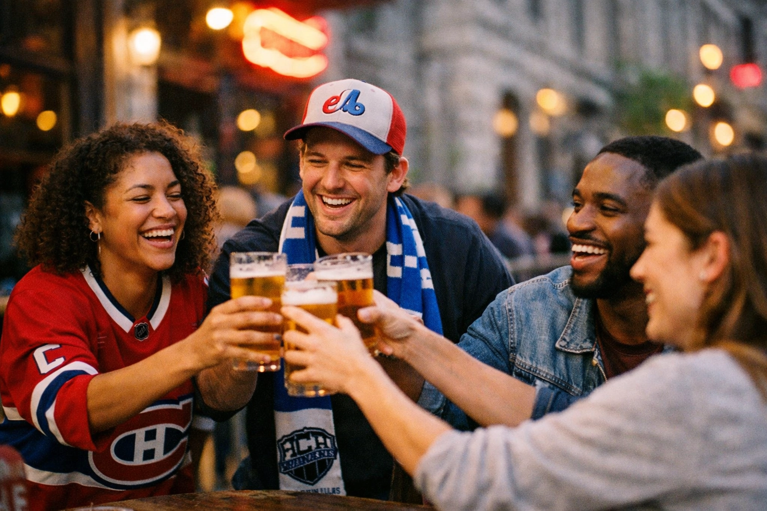 Montreal sports fans wearing team jerseys and scarves celebrating at a local bar terrace at night.