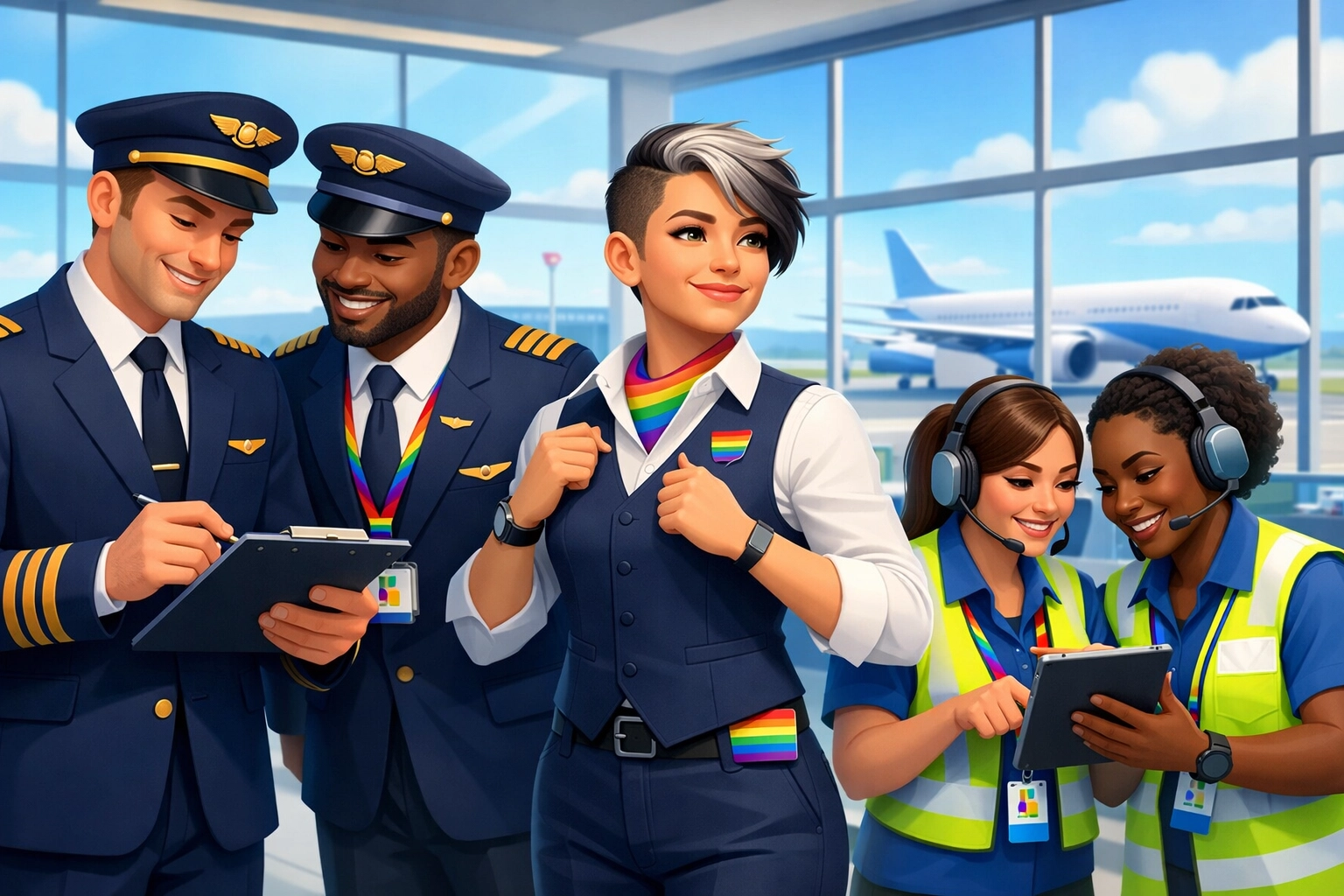 Diverse LGBTQ+ aviation crew working together at modern airport terminal
