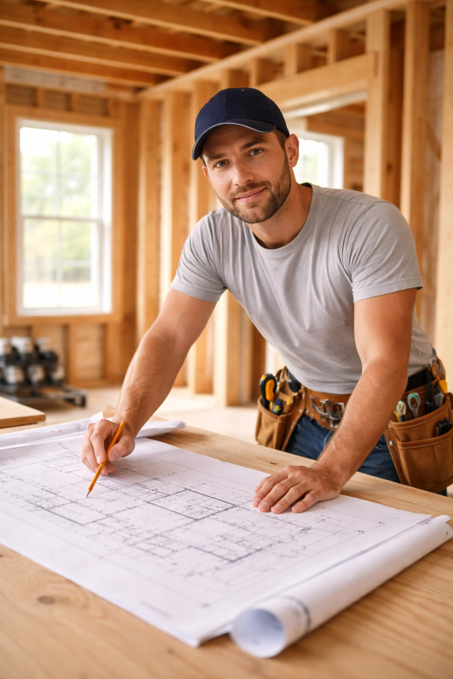 Professional Maine electrician reviewing blueprints in a modern home under construction for code compliance