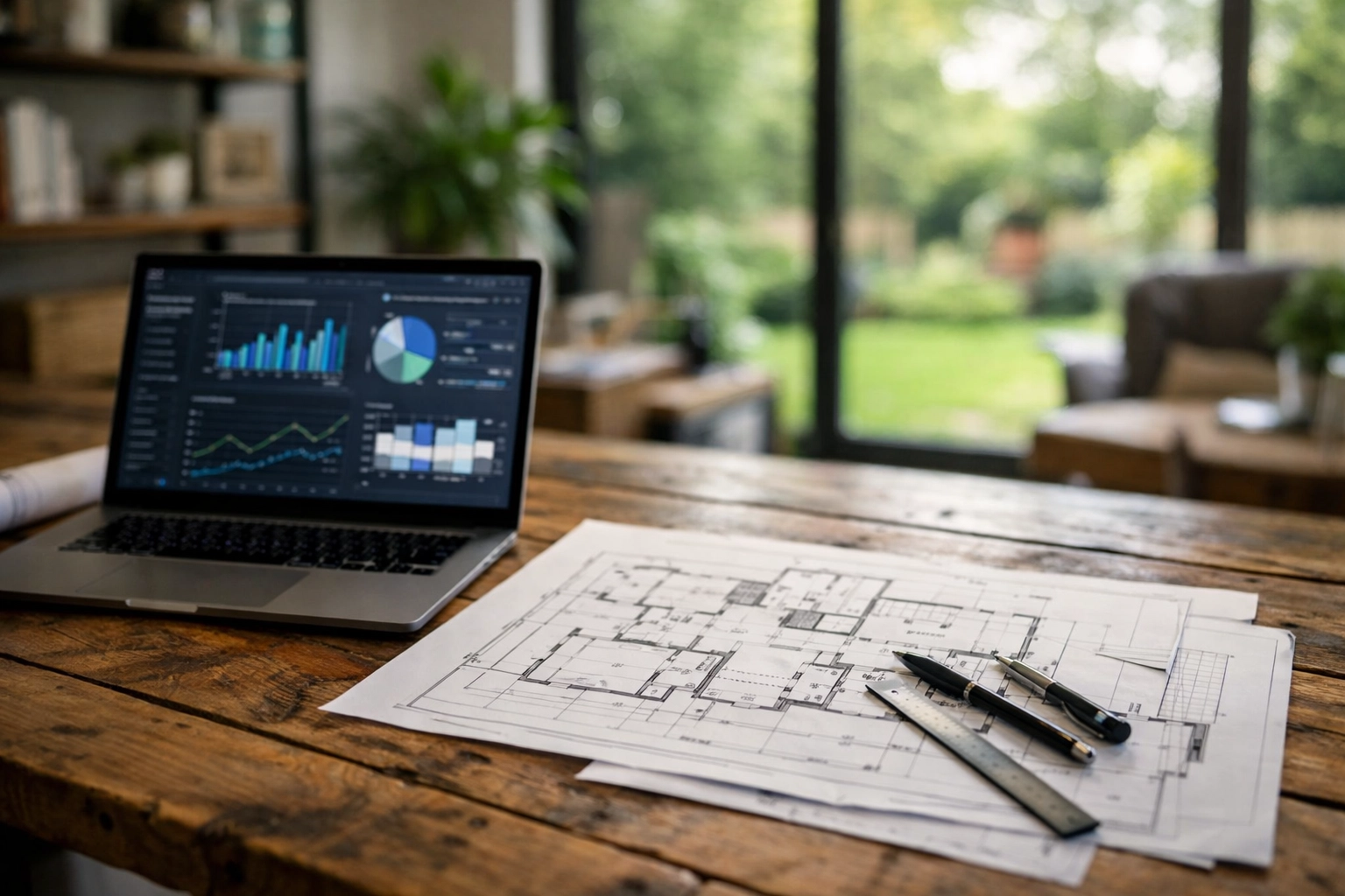 Modern Denver home office featuring architectural house plans and a green suburban view.