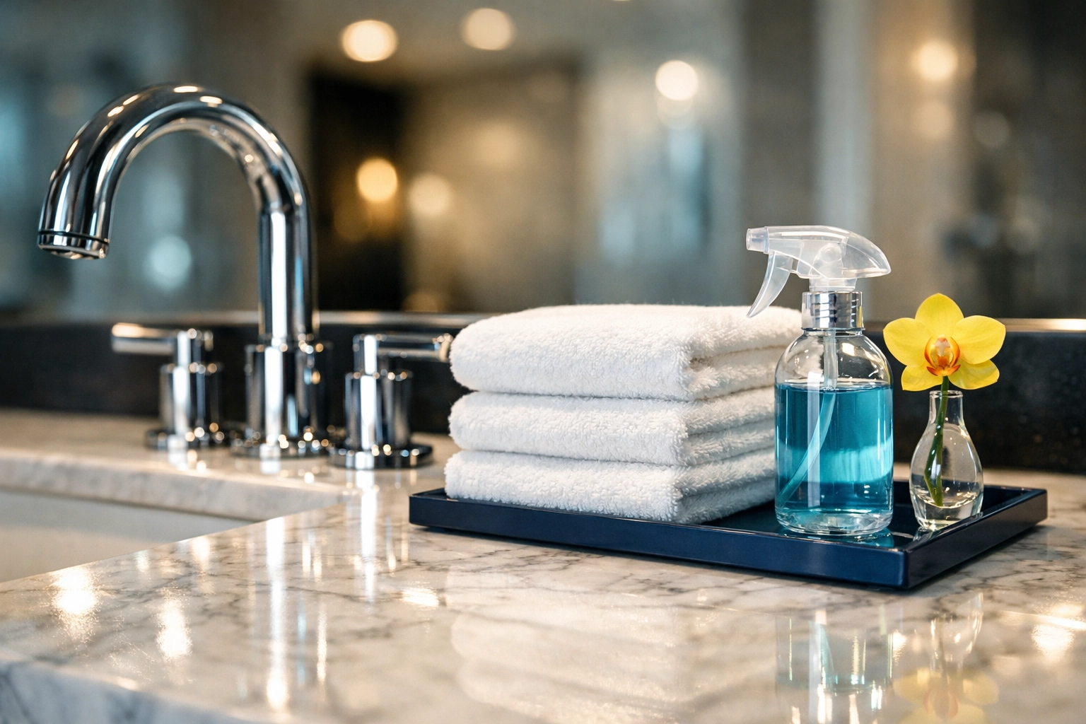 Sparkling marble bathroom vanity featuring eco-friendly cleaning supplies and fresh towels for a deep clean.