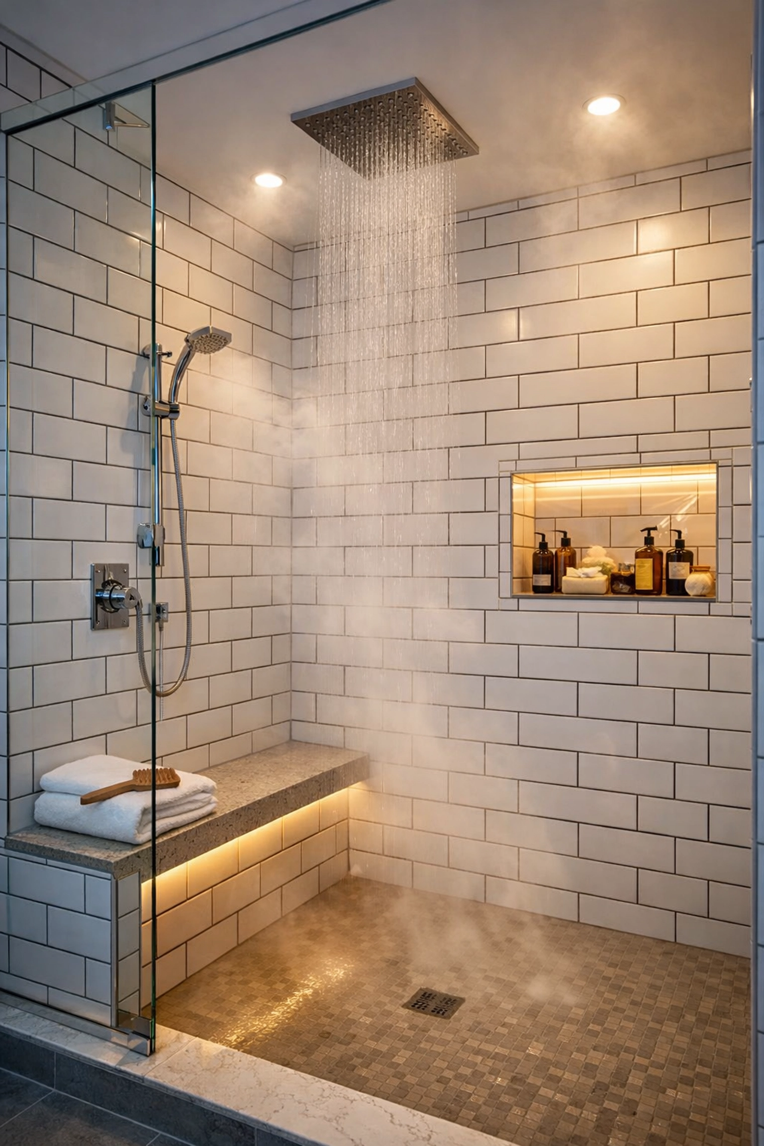 Modern walk-in shower with frameless glass in Orlando bathroom renovation maximizing layout