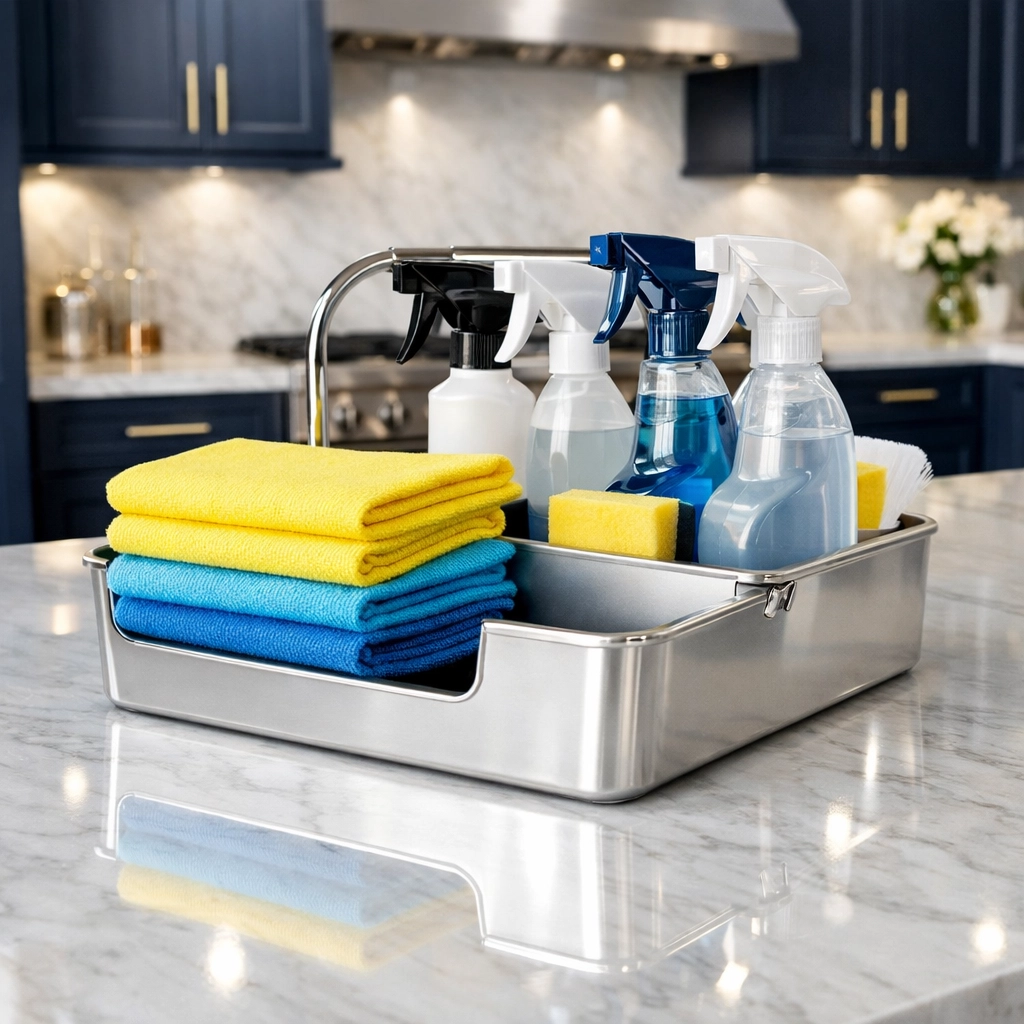 Professional house cleaning services MA tools on a spotless high-end kitchen island with marble counters.