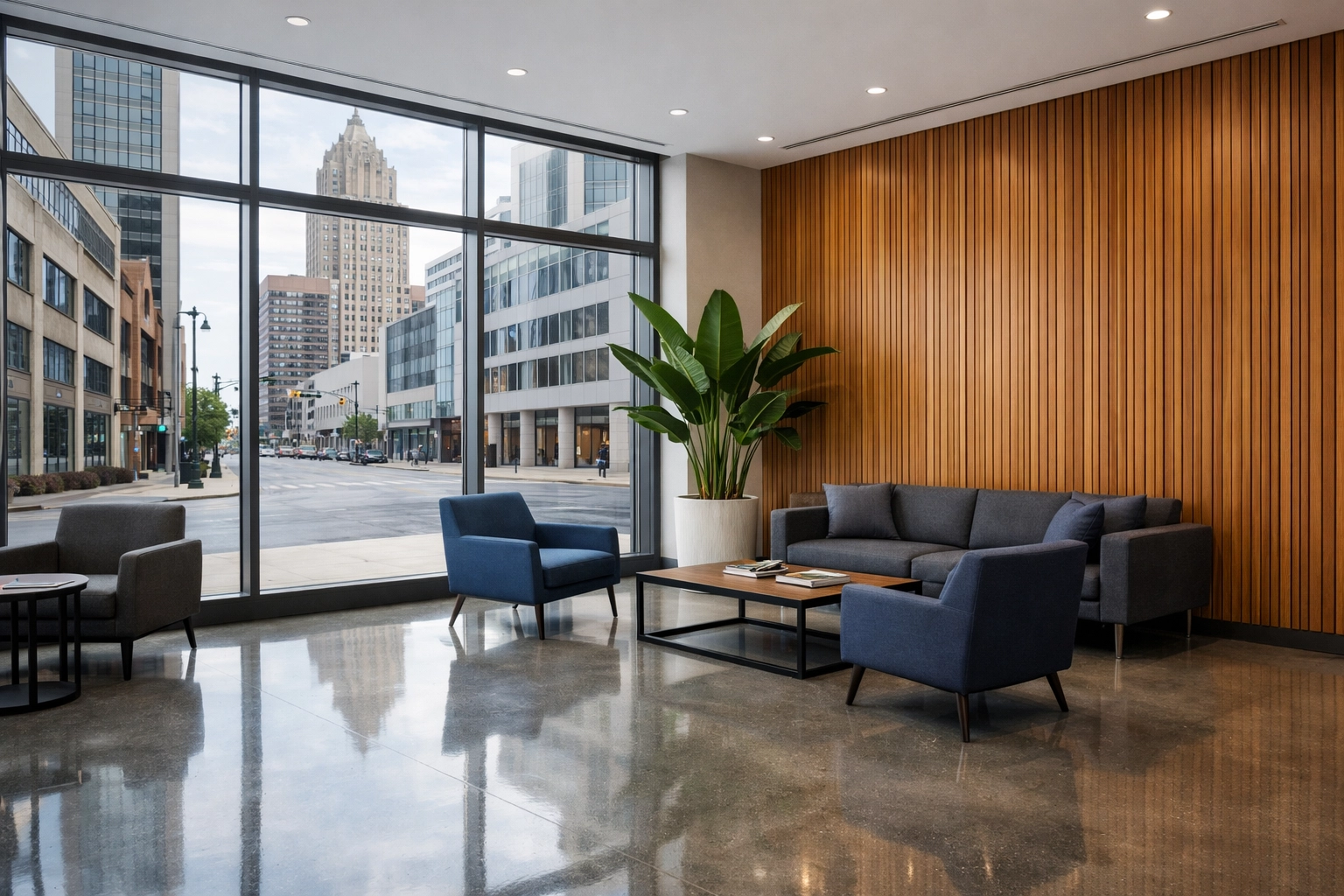 Modern corporate office lobby in Indianapolis featuring professionally maintained floors.