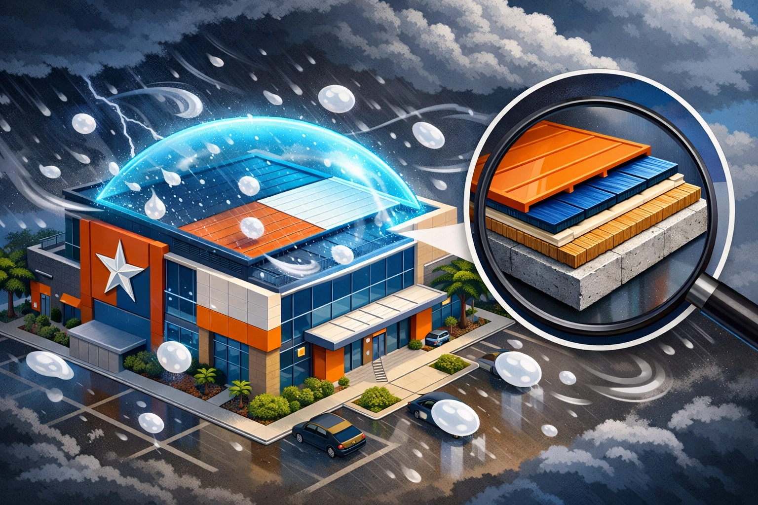 Ilustración de protección de seguros contra granizo y riesgos climáticos para empresas en Texas