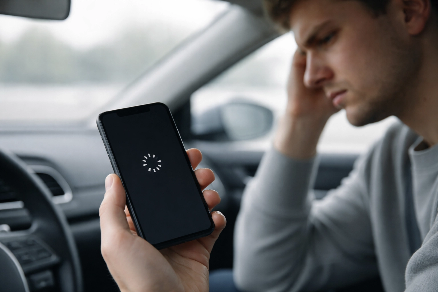 Person in car waiting for a slow website to load on mobile, highlighting need for fast SR7 sites