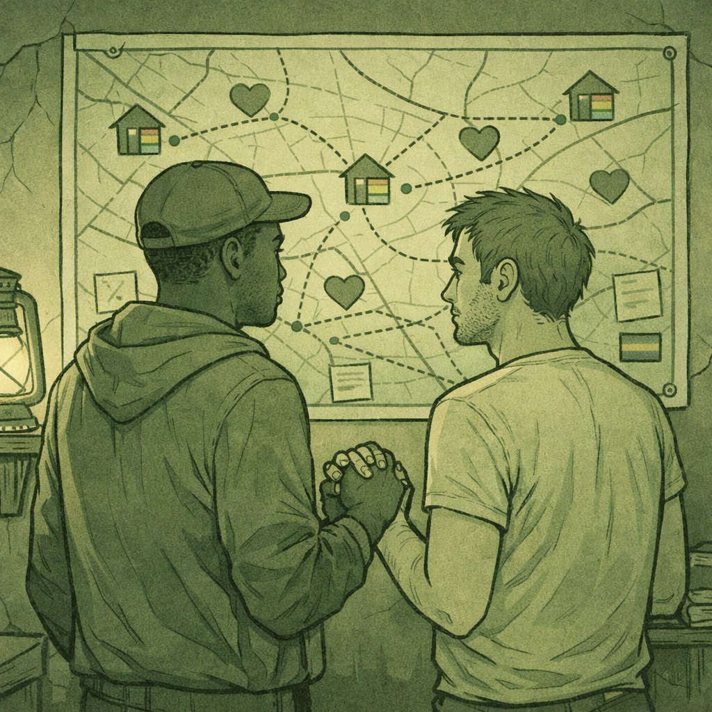 MM couple planning safe locations for international LGBTQ+ support and solidarity network