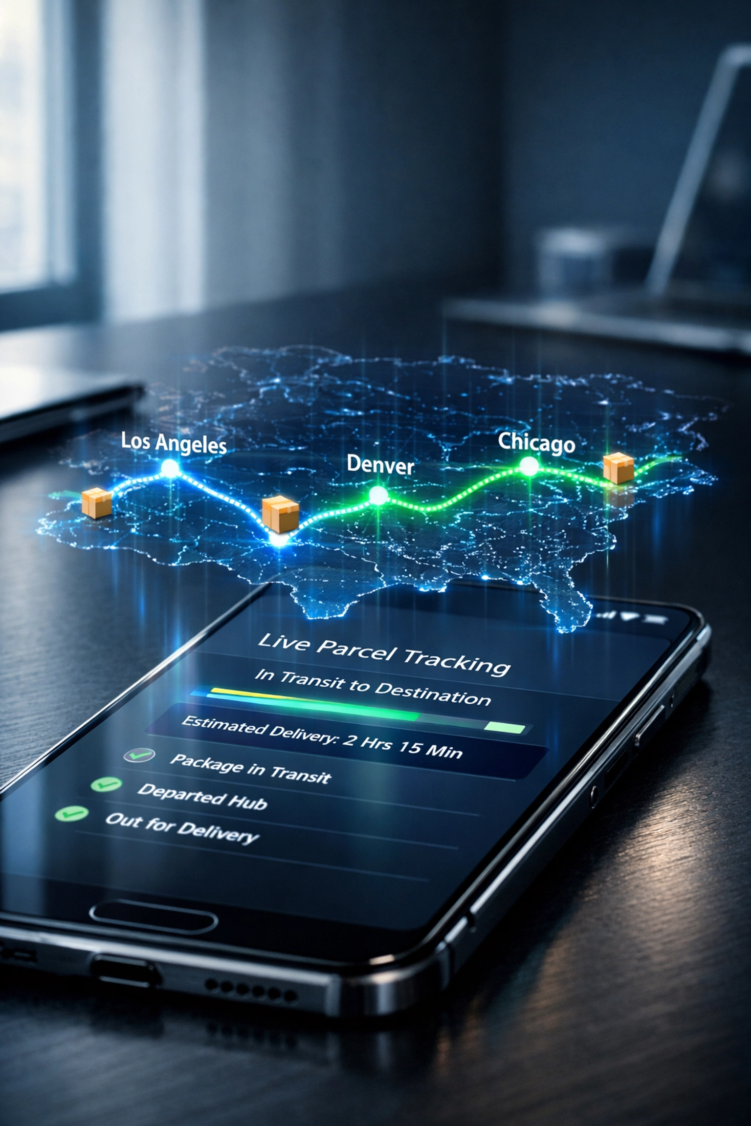AI-powered parcel tracking system displaying predictive delivery routes on smartphone